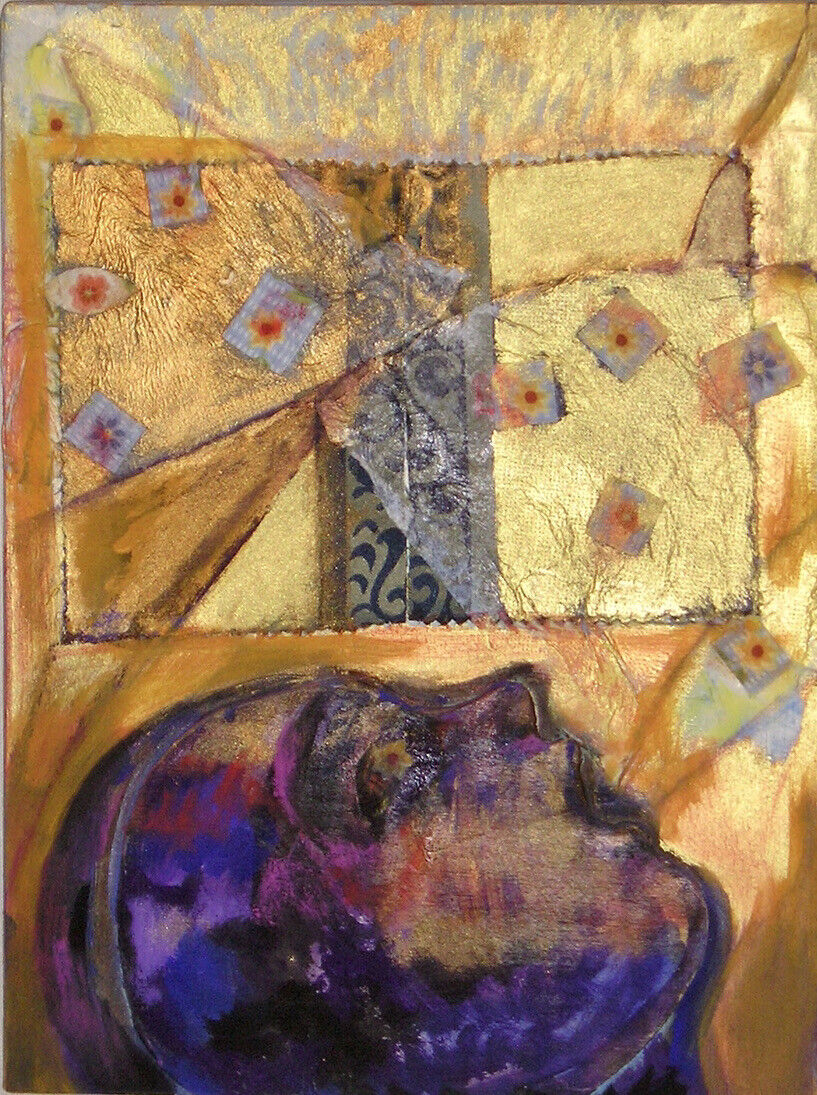A framed artwork featuring a dark profile against a textured golden background with scattered small squares.