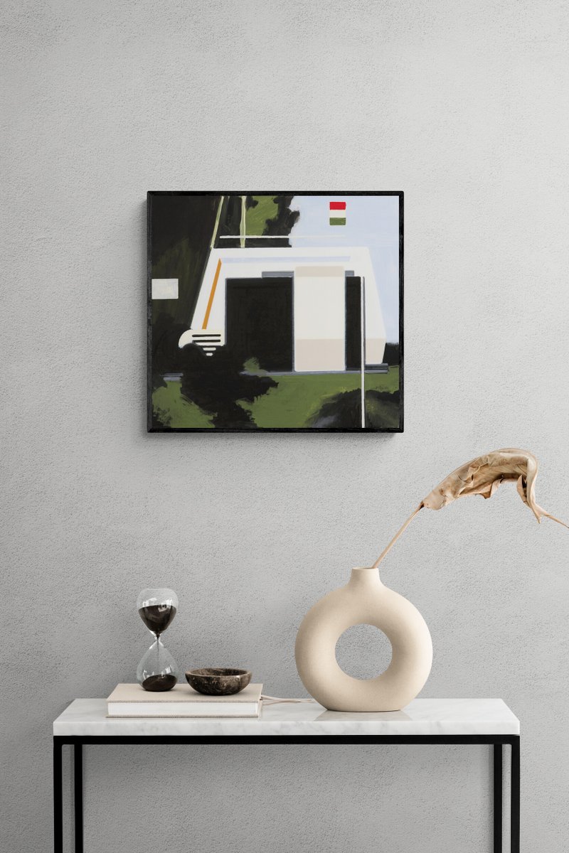 A geometric composition of a white van against a dark, moody landscape.