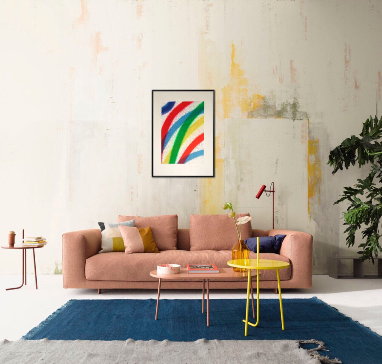 A vibrant abstract print featuring bold, diagonal stripes of primary and secondary colors.
