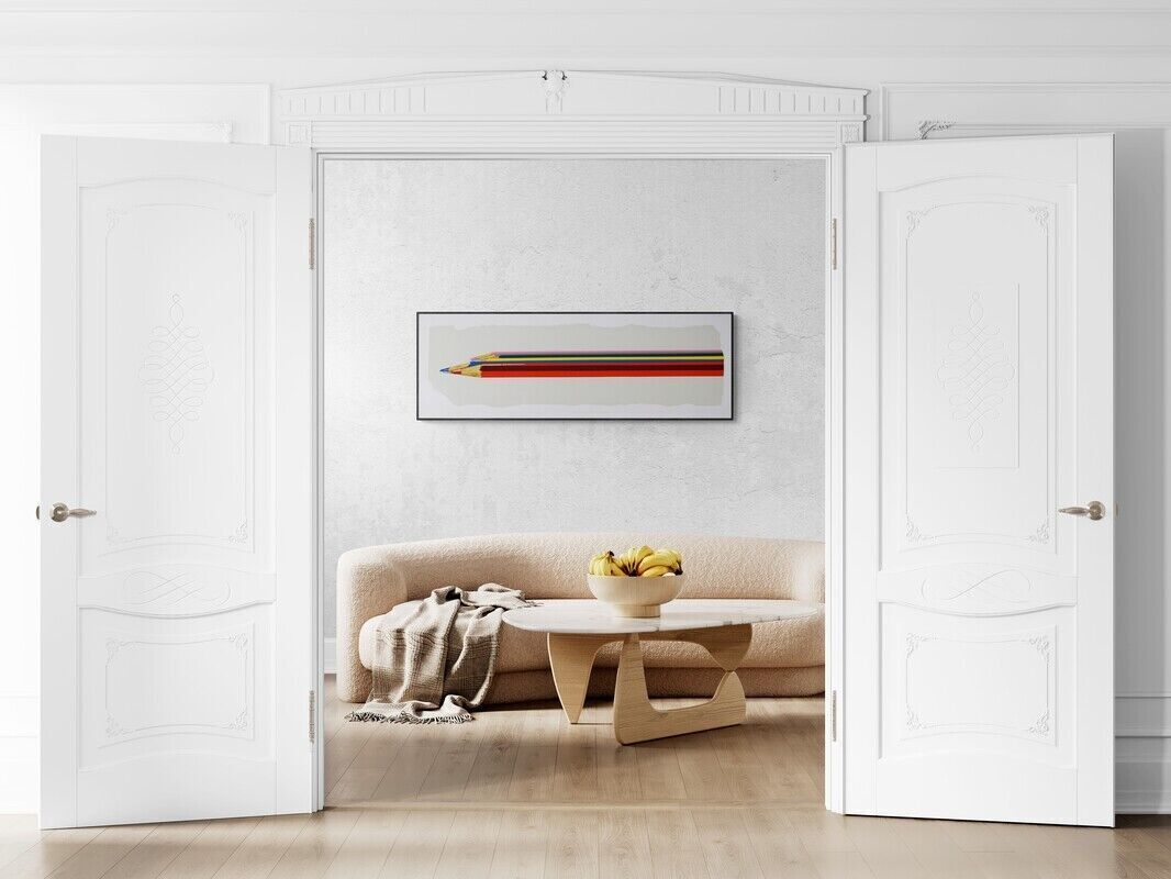 A graphic print of a pencil with its colored layers peeled back to reveal the interior.