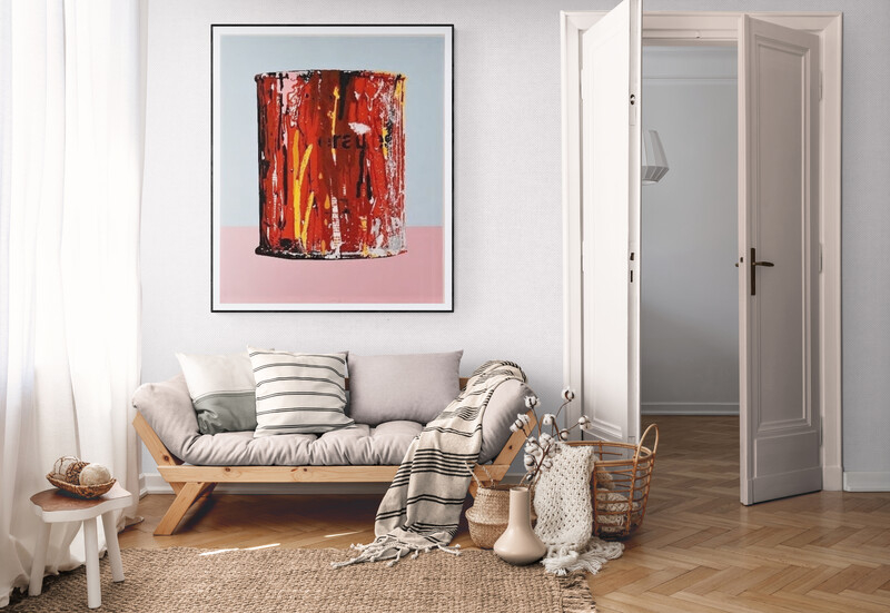 A vividly textured red paint can overflowing with dripping colors against a two-tone background.