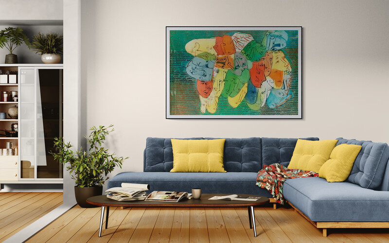 A vibrant, abstract composition of overlapping faces in a colorful, textured landscape.