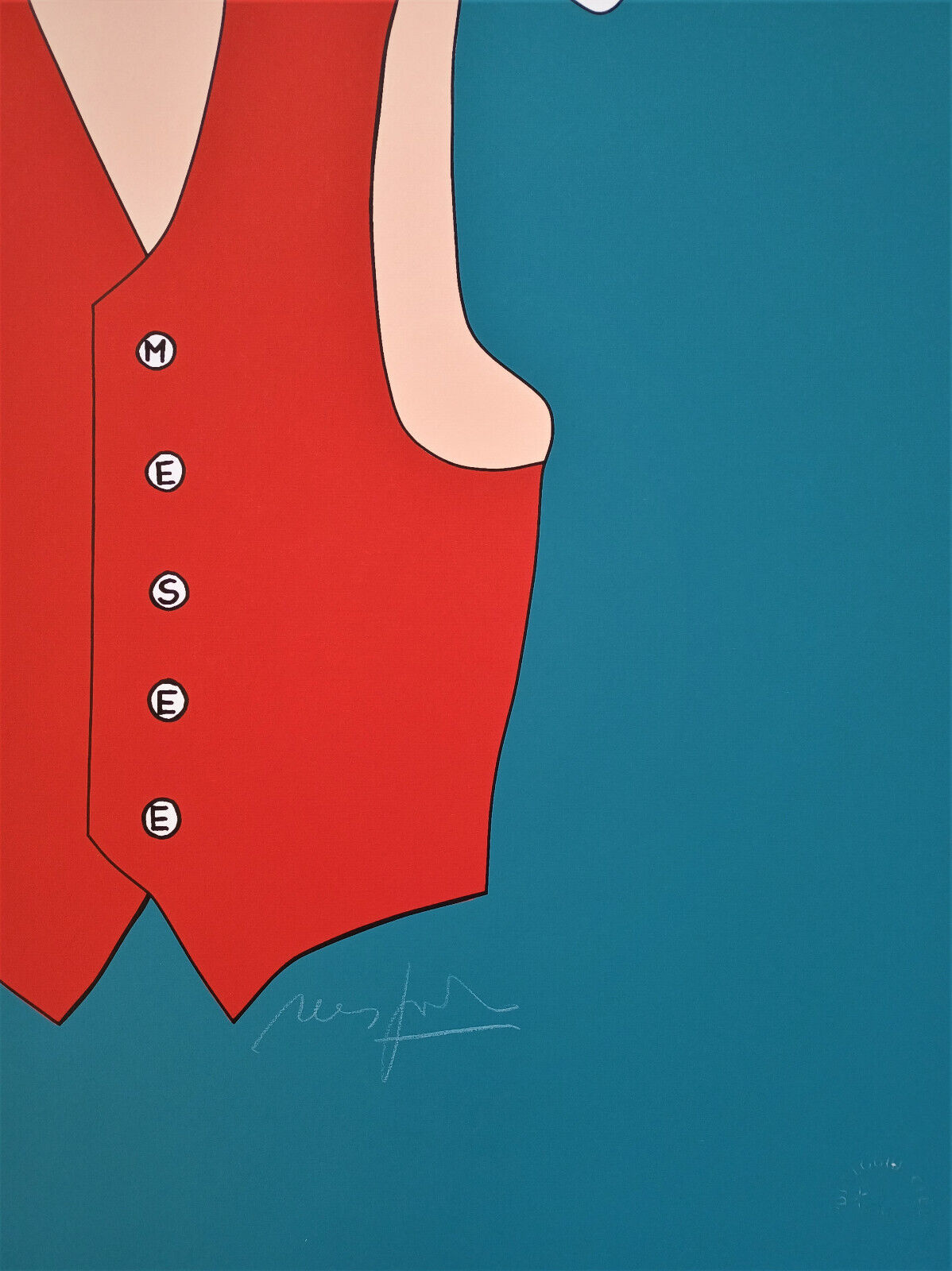 A graphic illustration of a red vest on a hanger against a teal background.