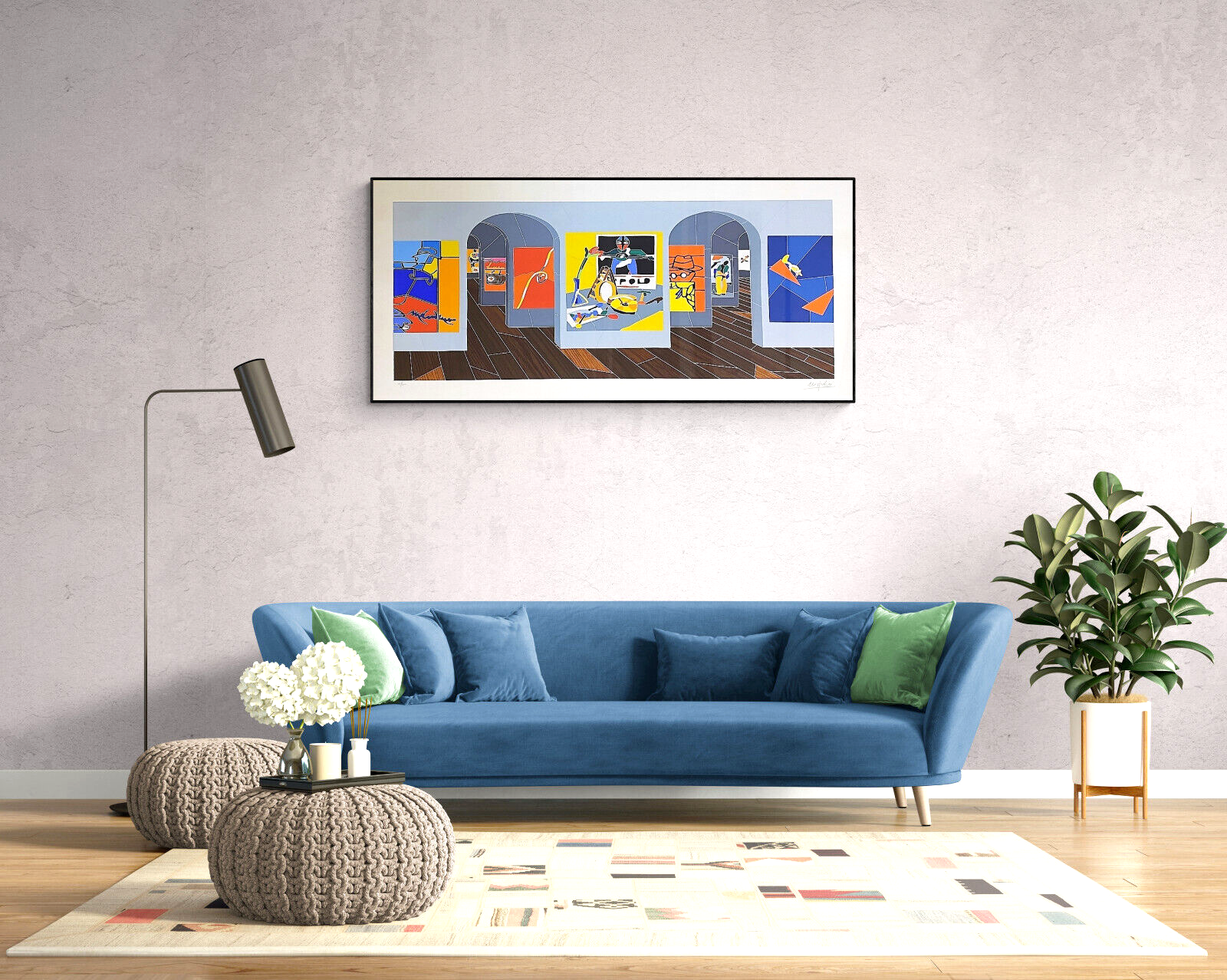 A colorful gallery scene featuring arched doorways and vibrant abstract paintings.