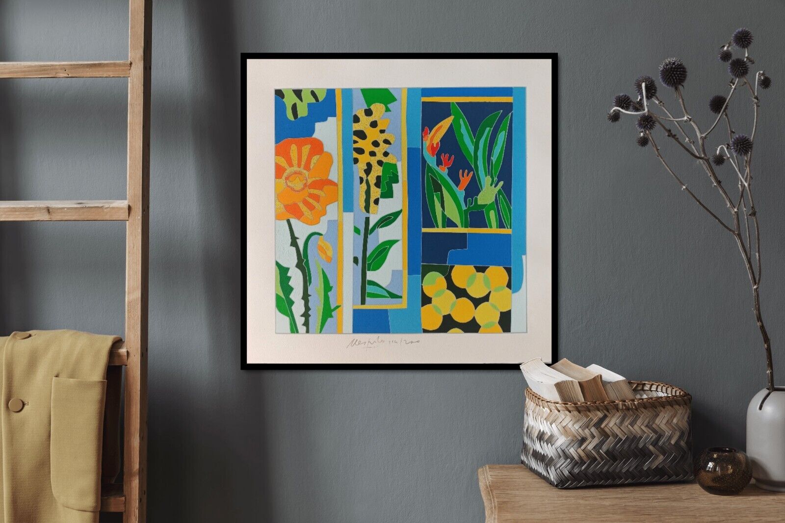 A vibrant, geometric floral composition featuring stylized flowers and fruit in bold colors.