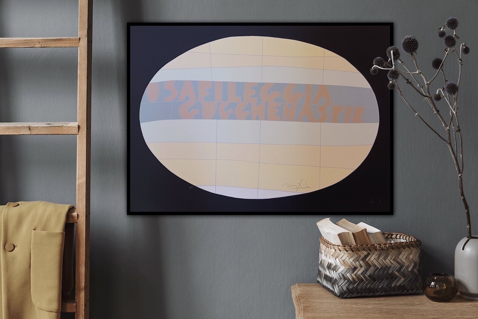 A graphic print featuring a large oval shape filled with grid lines and stylized text.