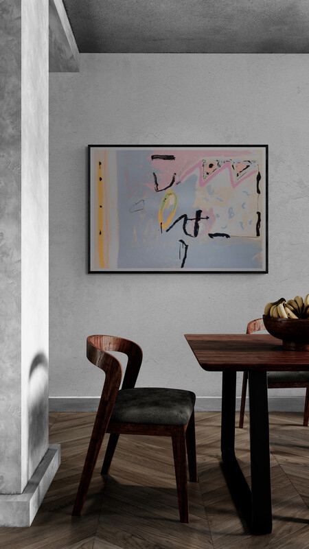 An abstract composition featuring a light blue background with bold black lines, pink and yellow shapes, and a textured right side.