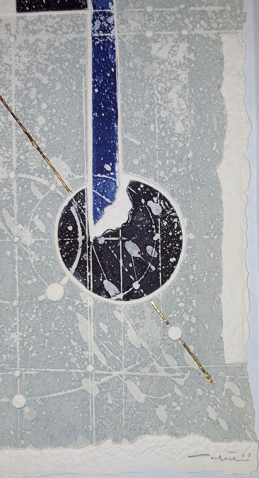 A textured mixed-media artwork featuring a stylized letter 'N' in deep blue against a pale, mottled background.