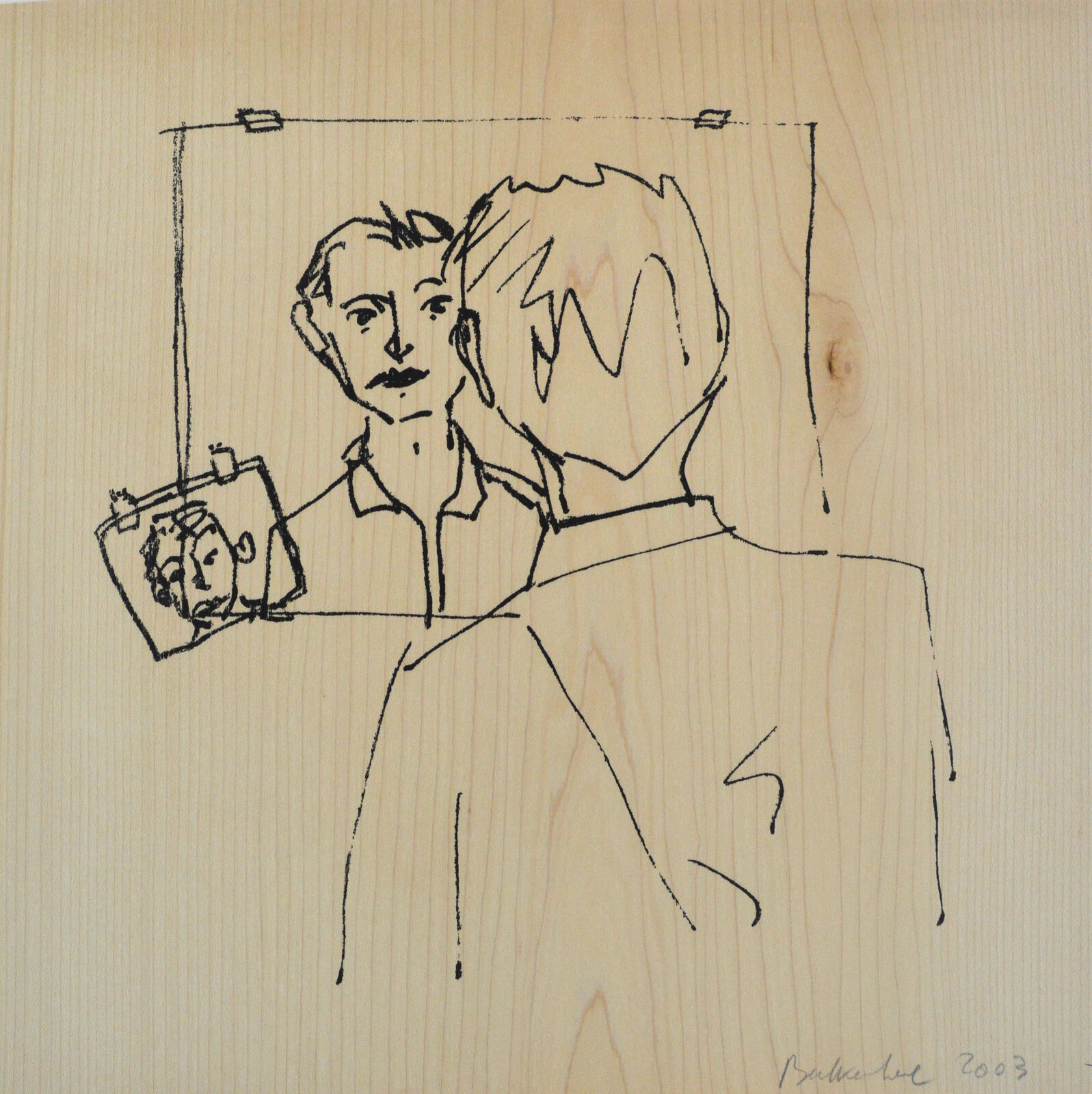 A drawing of a man looking at himself in a mirror.