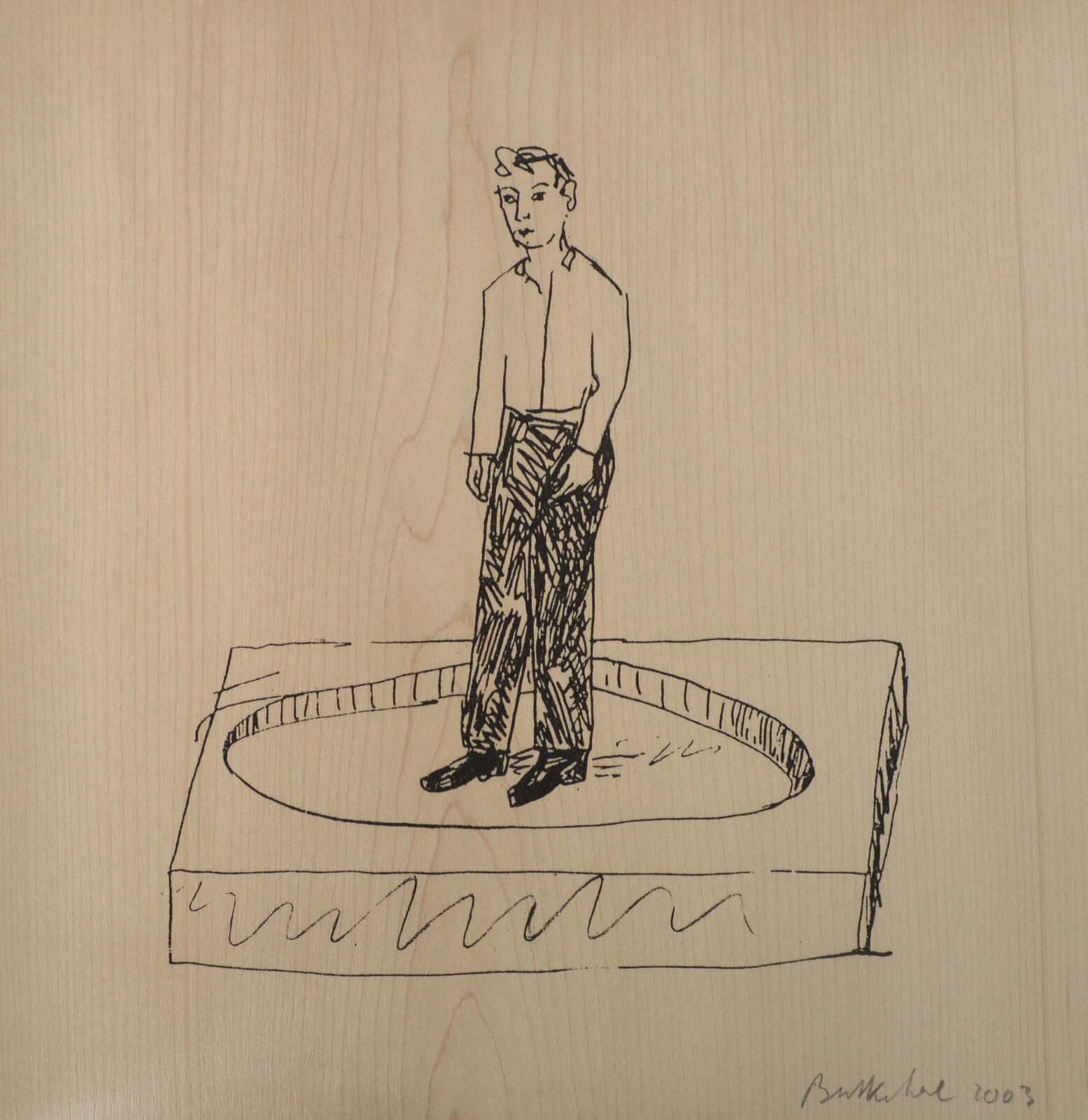 A drawing of a man standing on top of a table.