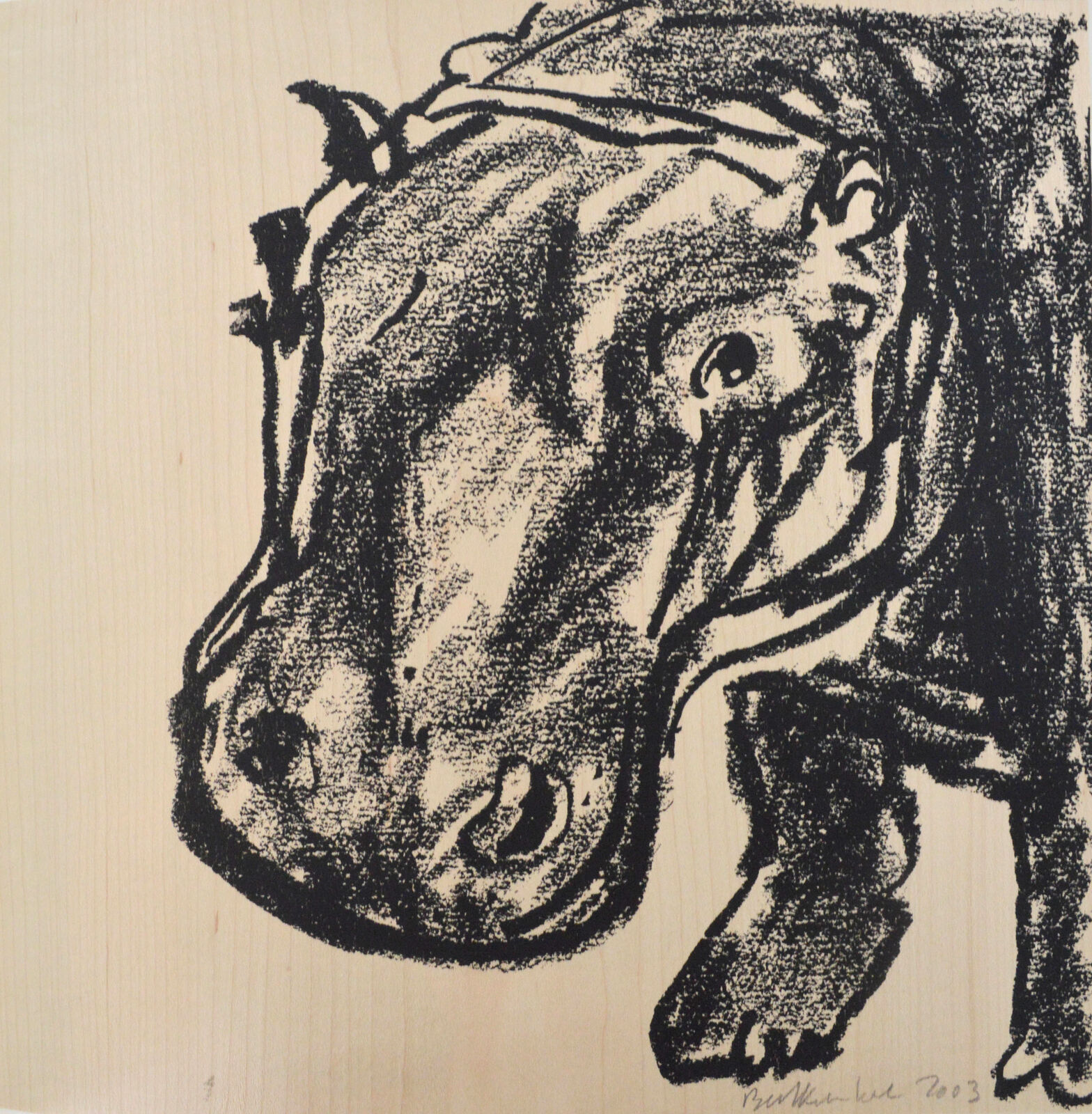 A black and white drawing of a hippo on a piece of wood.