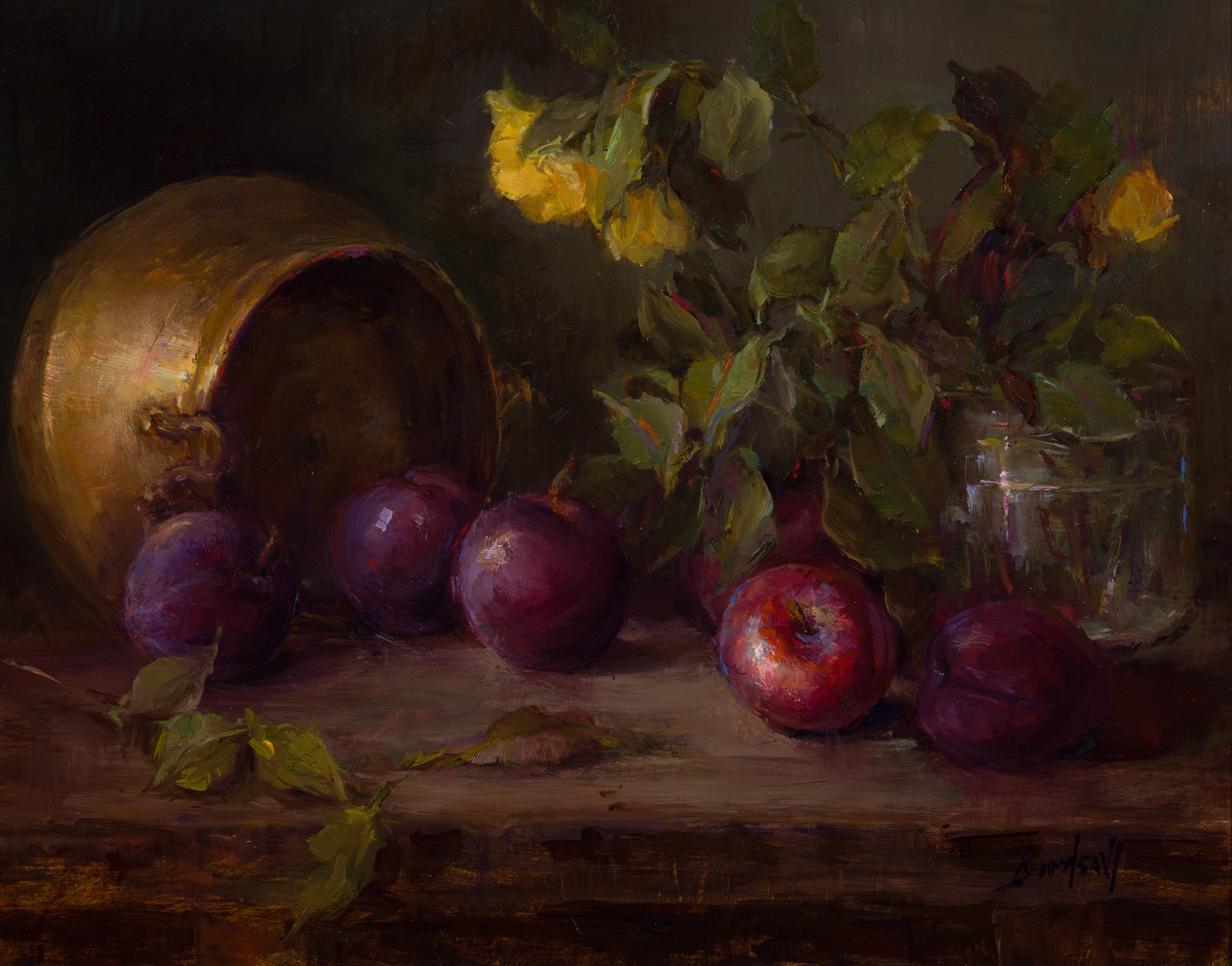 A painting of plums and apples on a table with a vase of flowers.