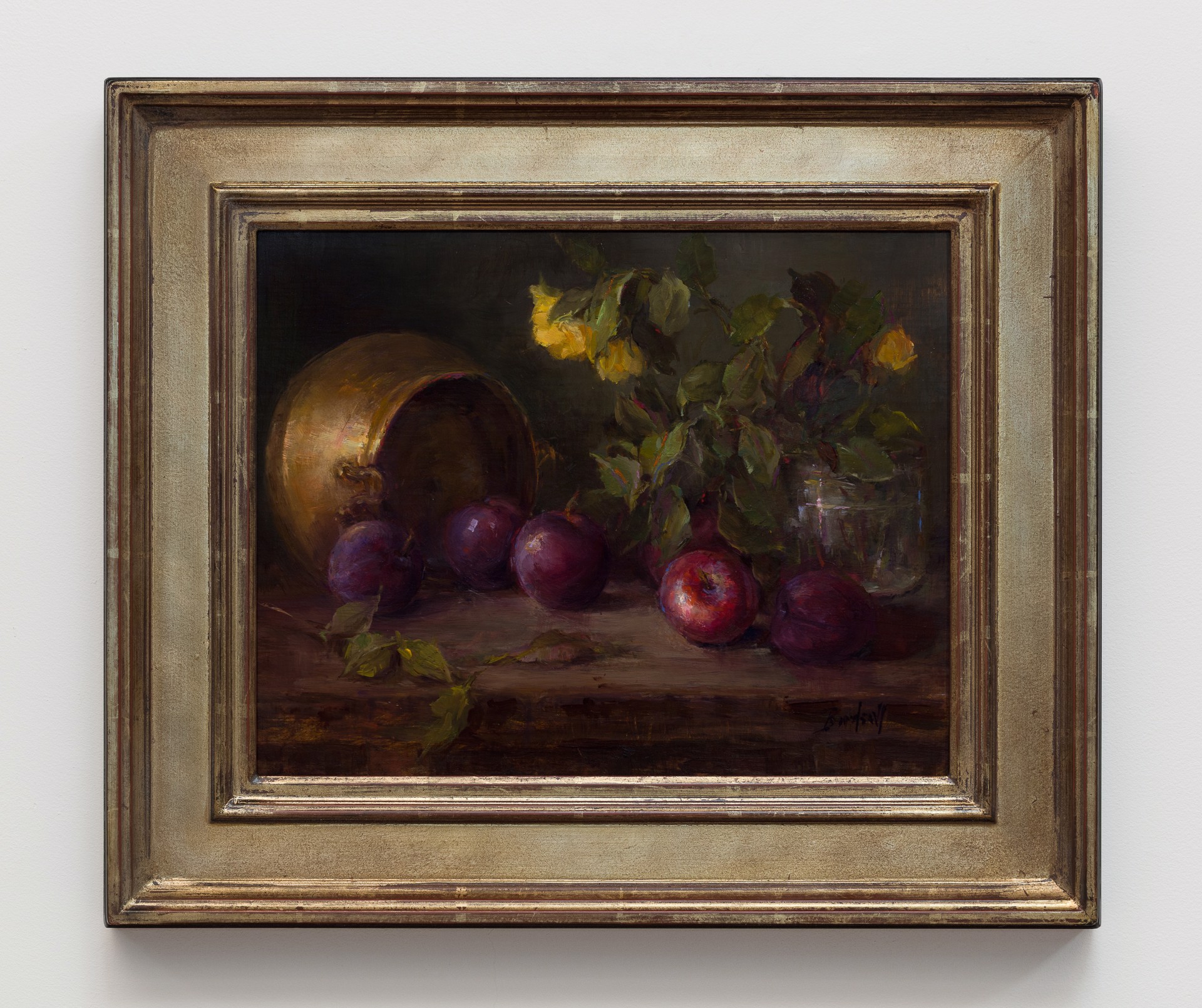 A painting of plums and apples on a table with a vase of flowers.
