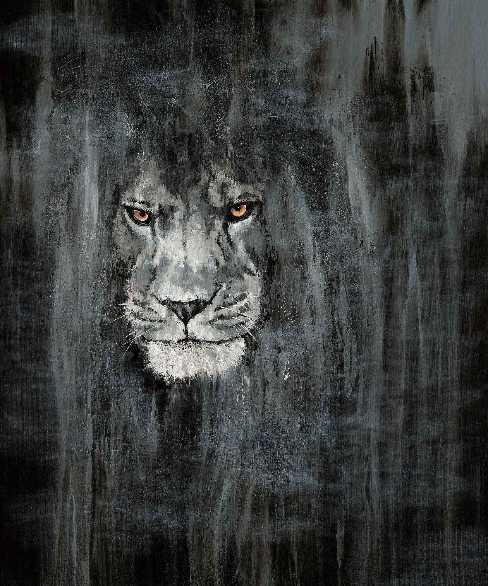 A monochromatic portrait of a lion with piercing amber eyes emerging from a dark, textured background.