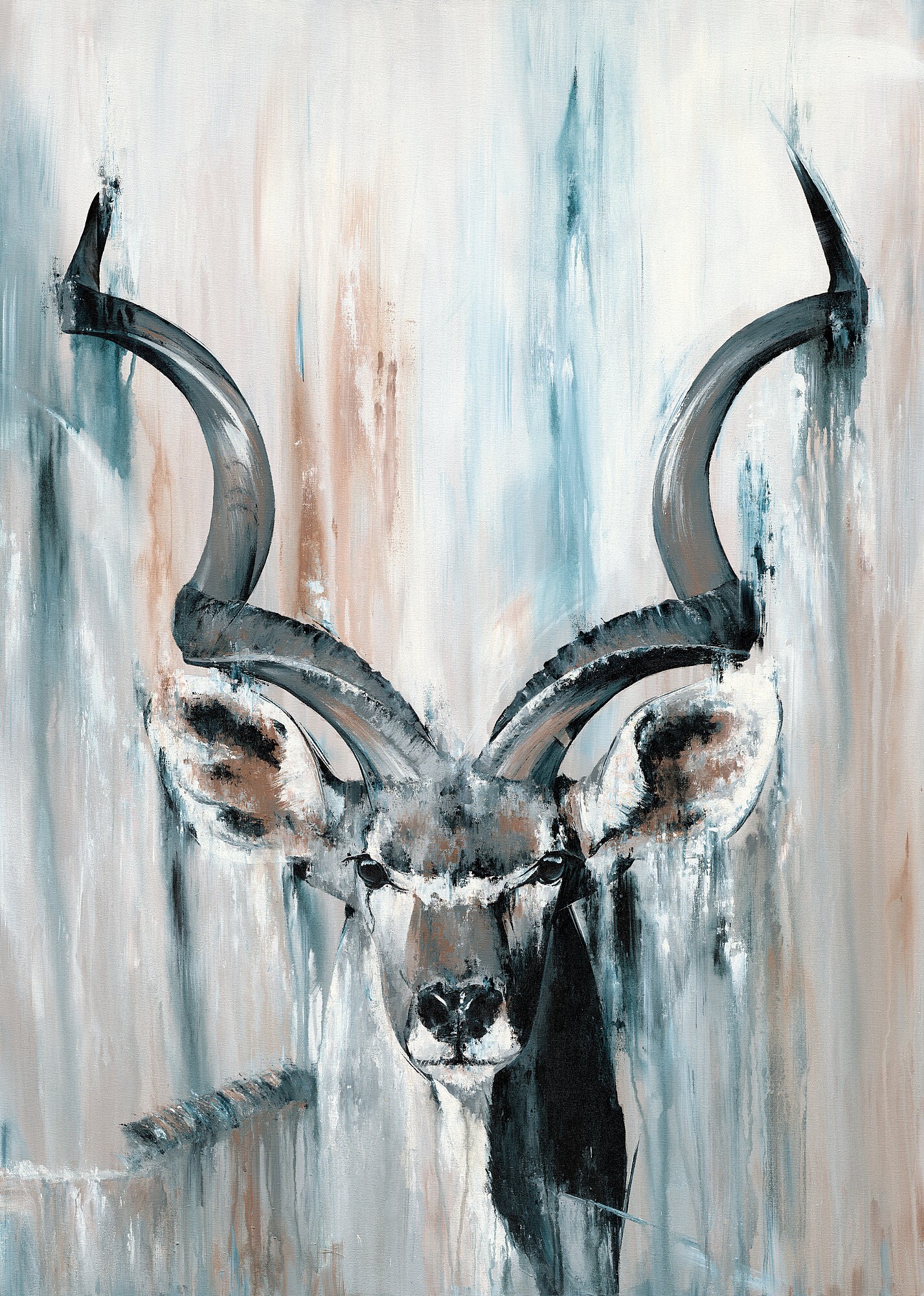 A stylized portrait of an antelope head with large spiral horns against a textured abstract background.