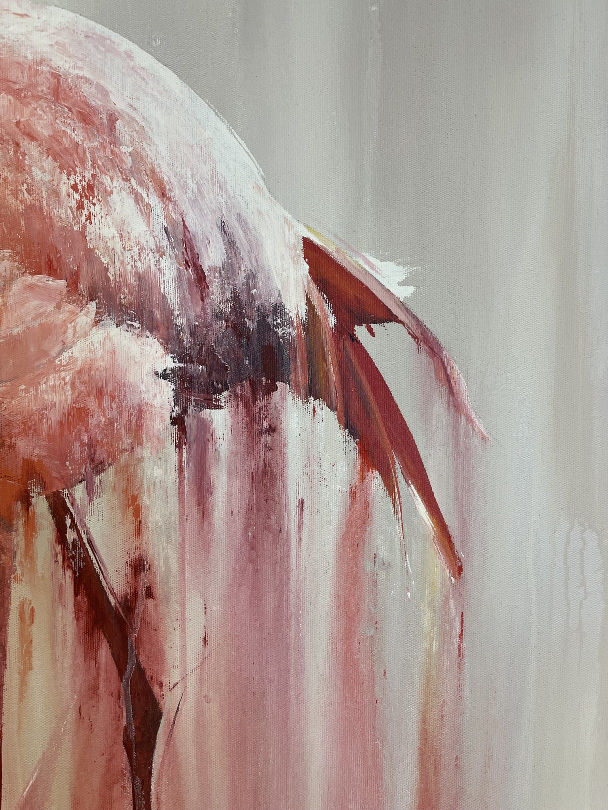 A pink flamingo stands in a dreamy, dripping watercolor style against a soft background.