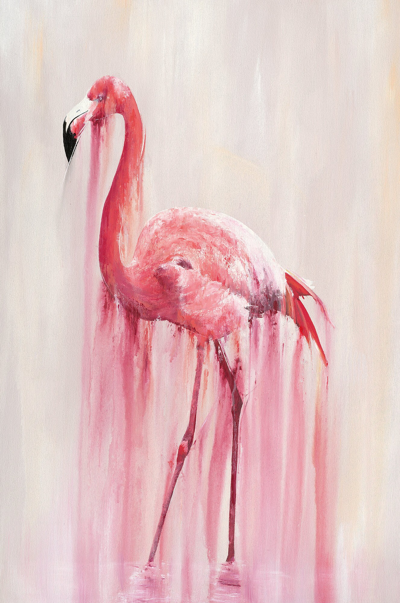 A pink flamingo stands in a dreamy, dripping watercolor style against a soft background.