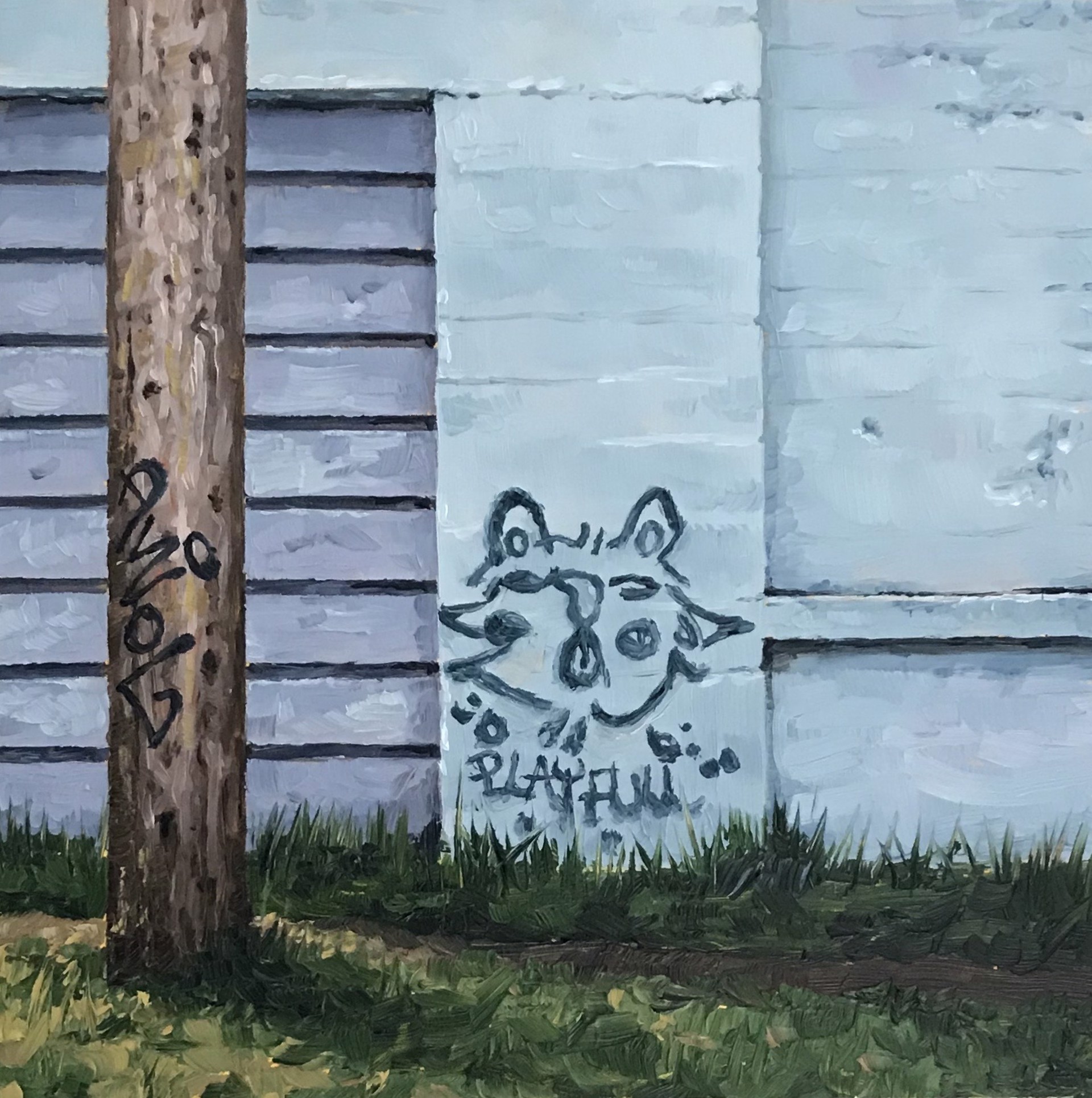 A textured painting of a weathered wooden pole and a graffiti-style face on a light-colored wall.