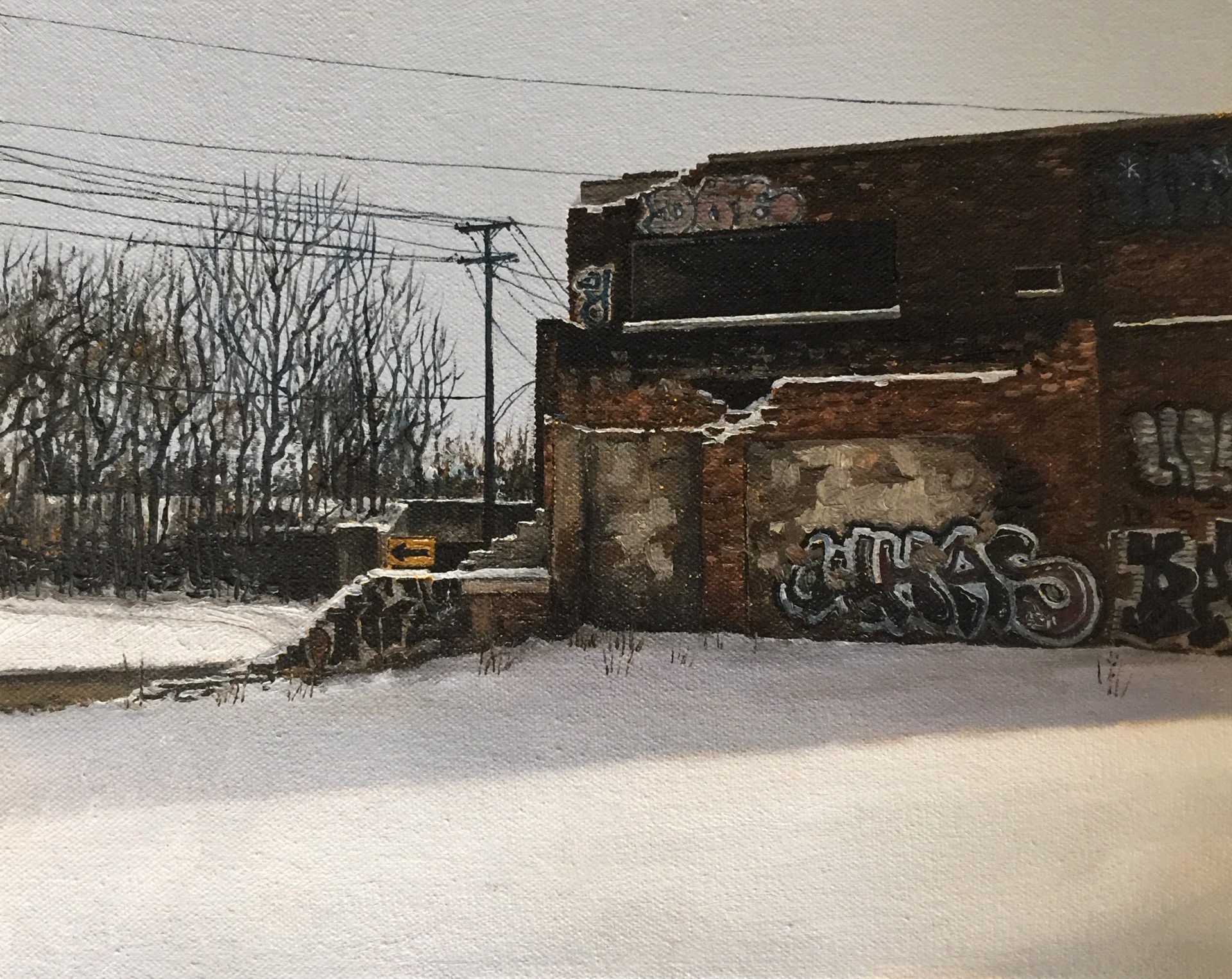 A painting of an old building with graffiti on it.