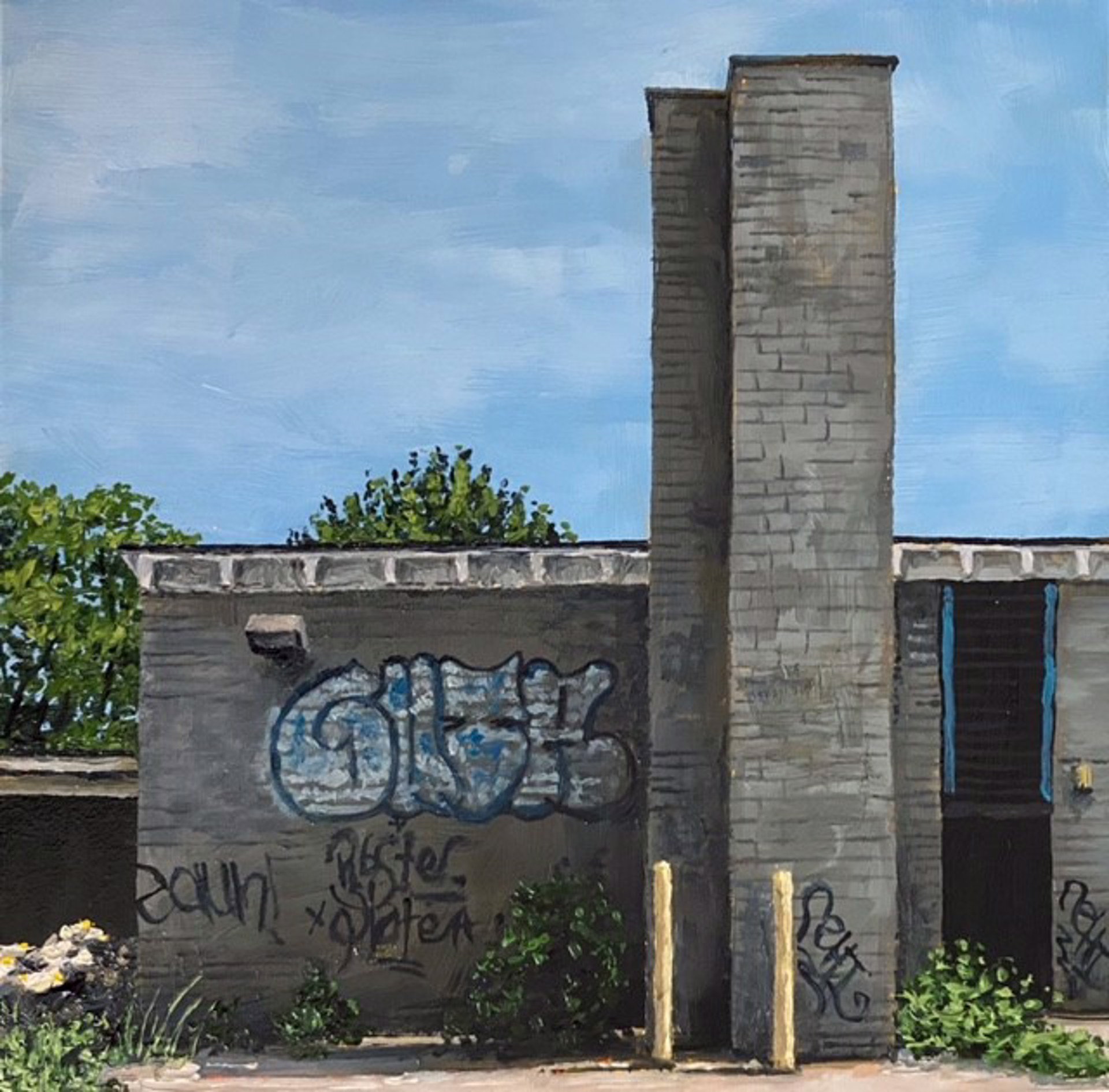 A painting of a building with graffiti on the side of it.