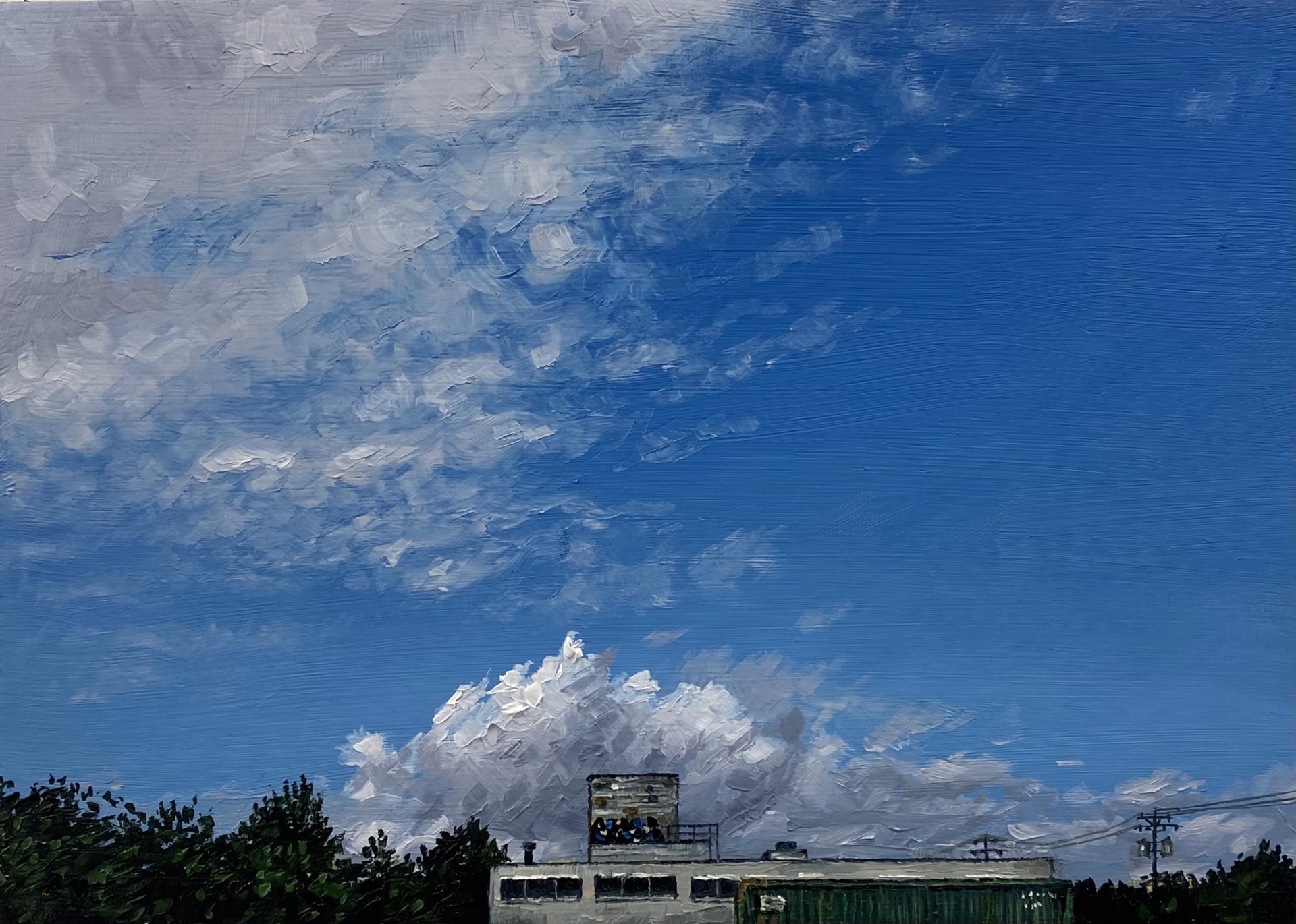 A painting of a building with a cloudy sky in the background.