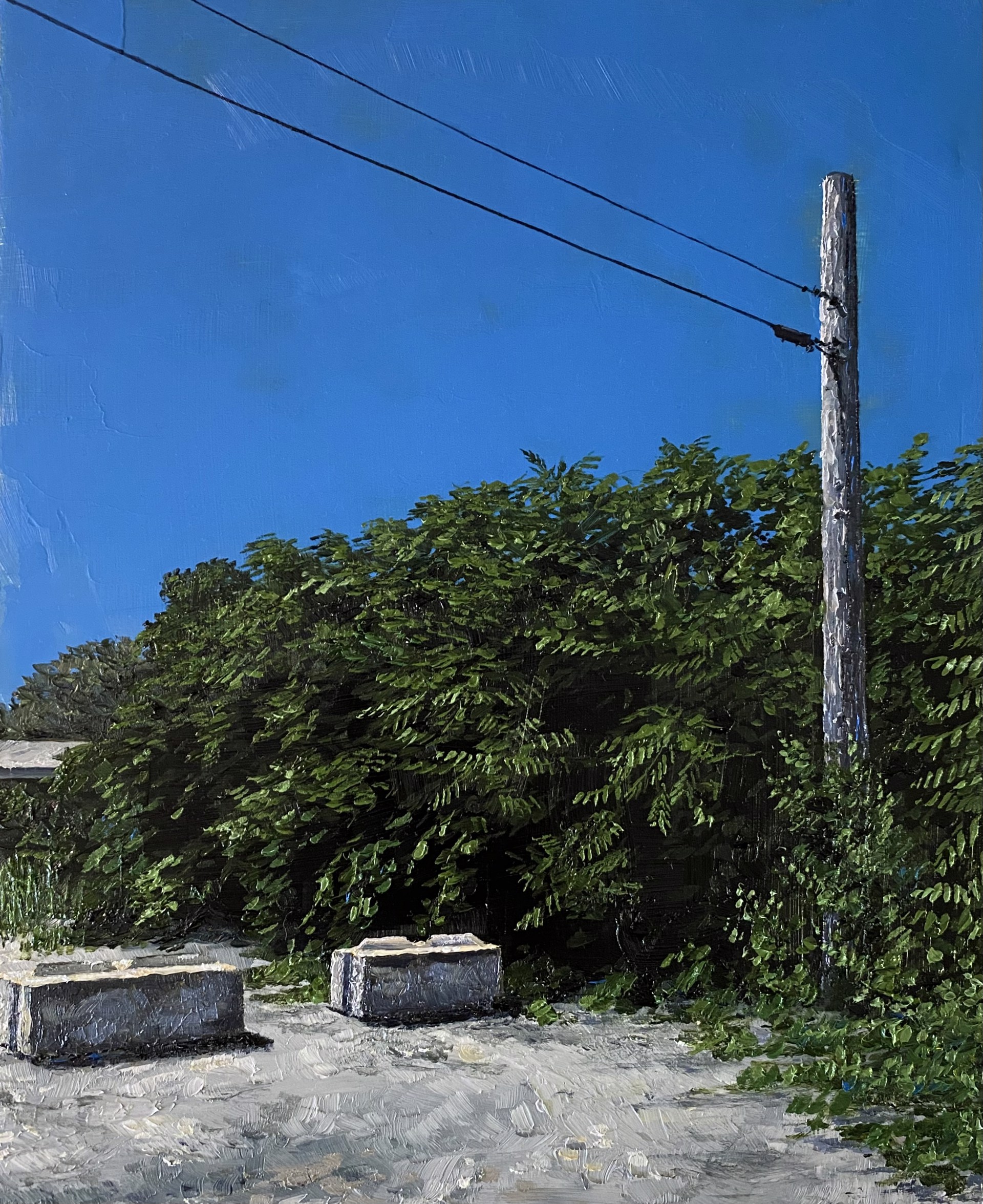 A textured landscape painting of a rural path with stone blocks, dense foliage, and a wooden utility pole under a vivid blue sky.