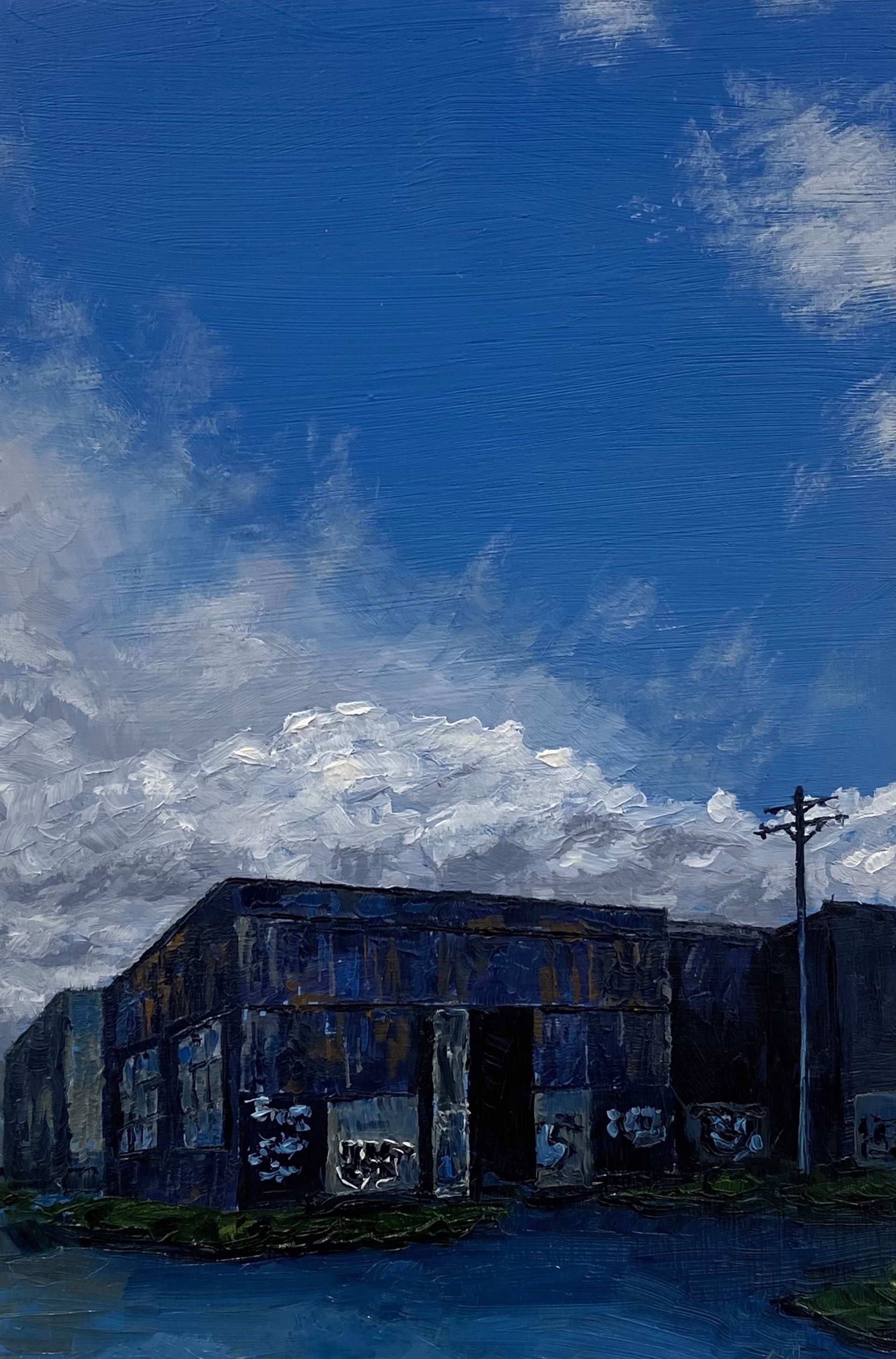 A painting of an old building with graffiti on it.