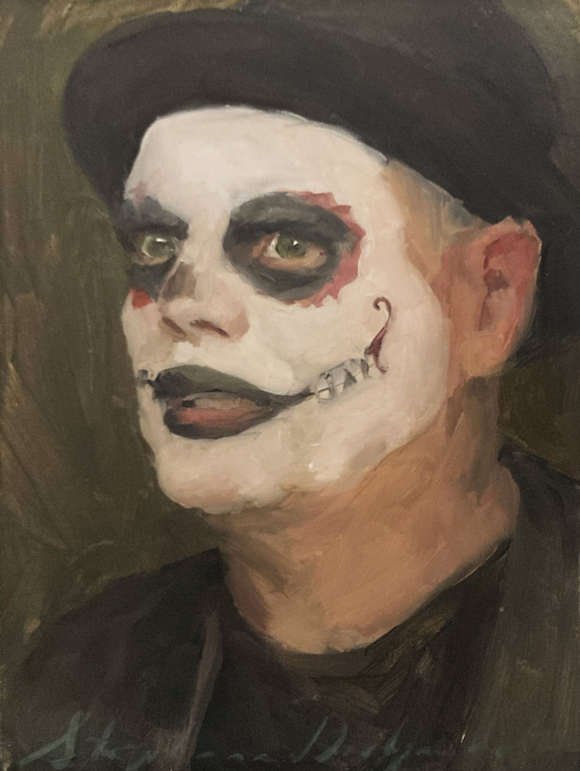 A portrait of a figure in white face paint with a black hat, rendered in an expressive oil painting style.