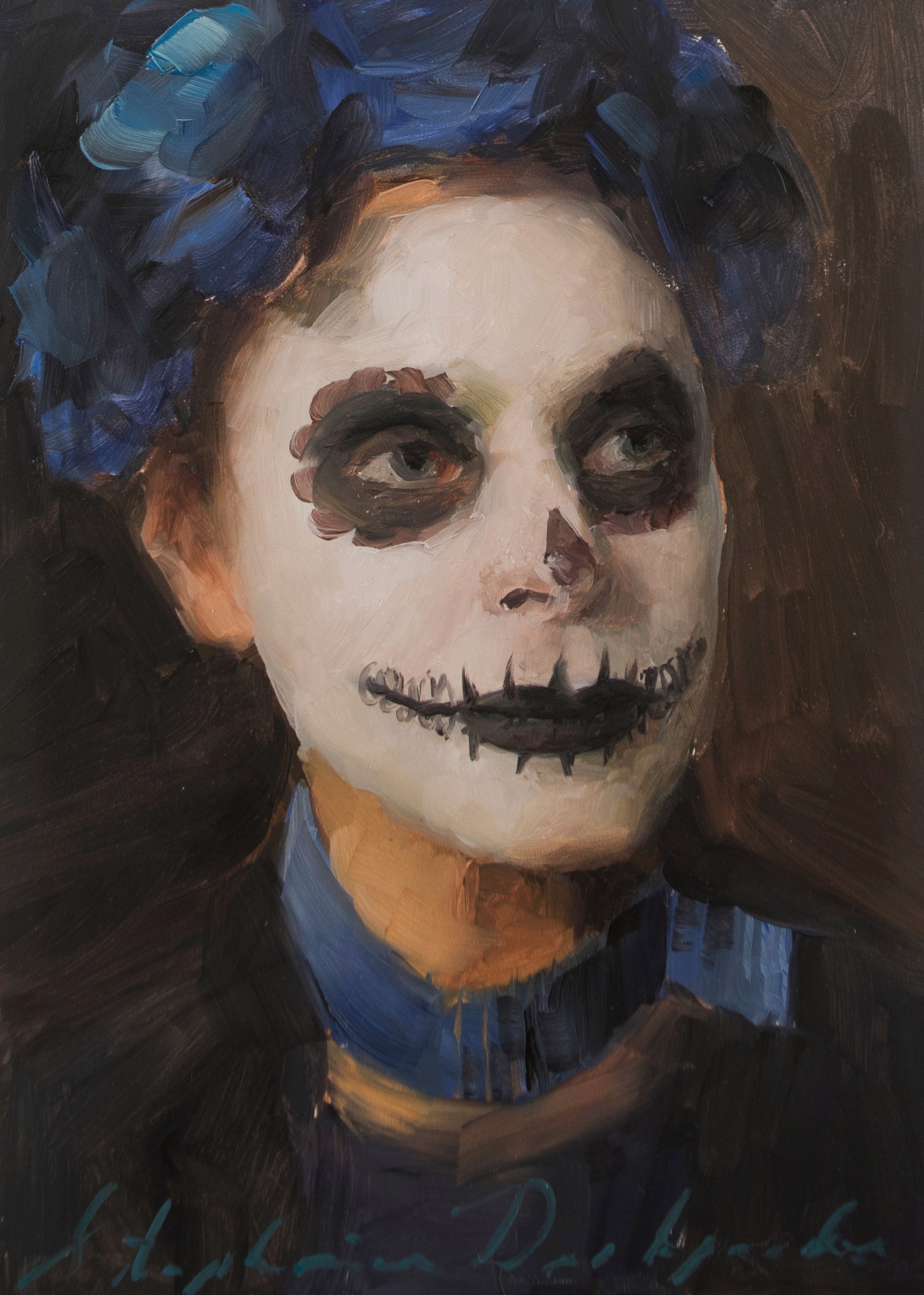 A painting of a woman with a skeleton face painted on her face.