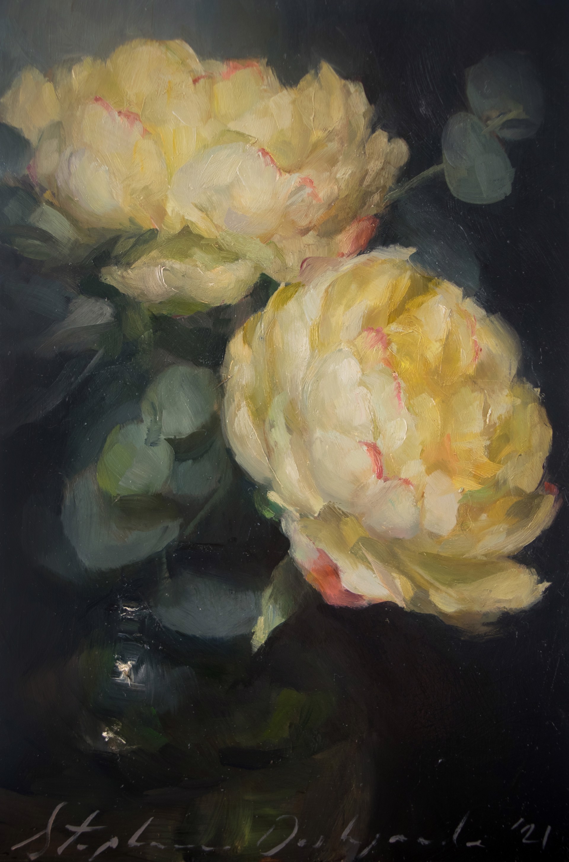 A painting of two yellow roses in a vase on a table.