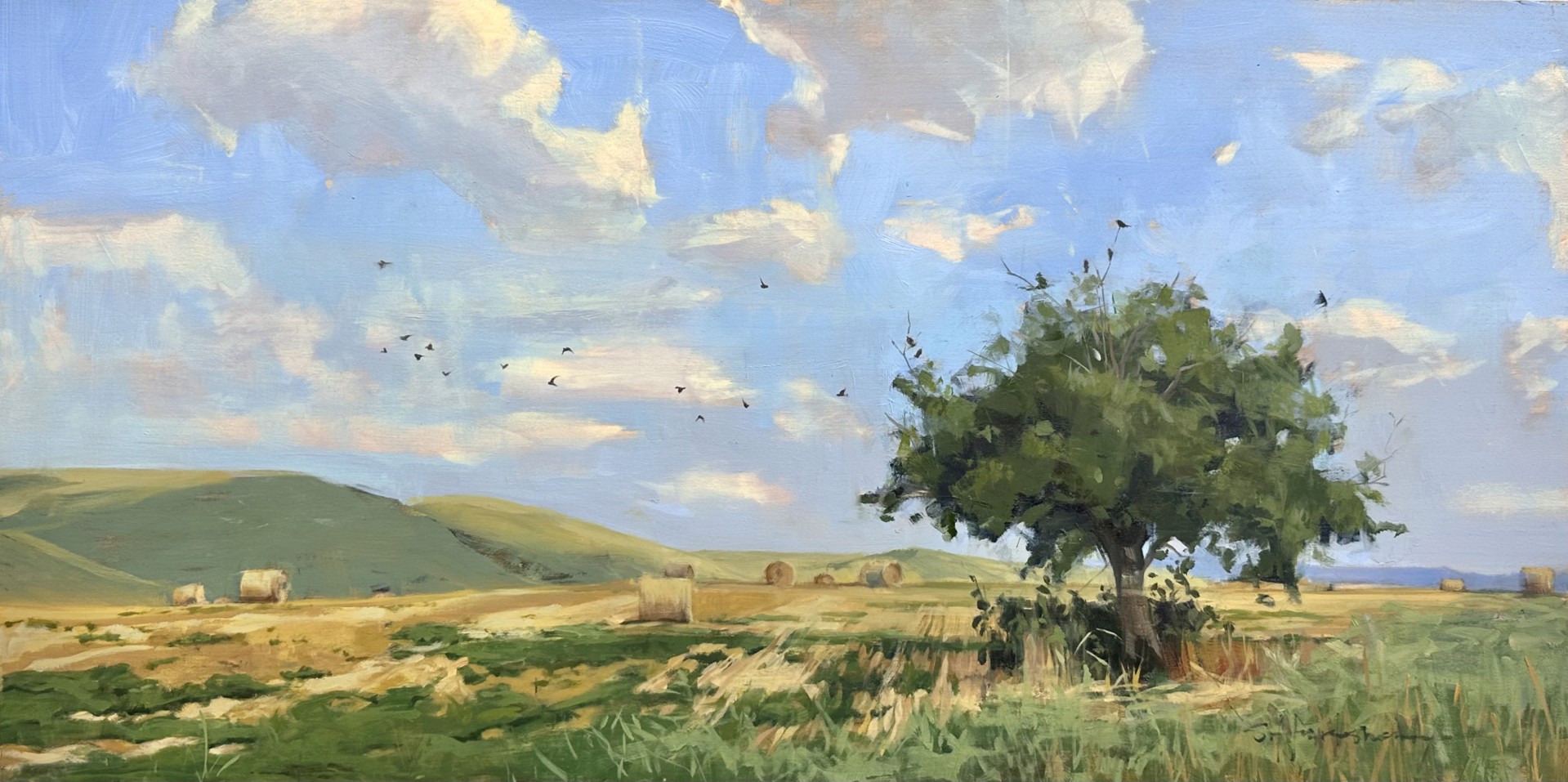 A pastoral landscape painting of a harvested field under a vast sky.