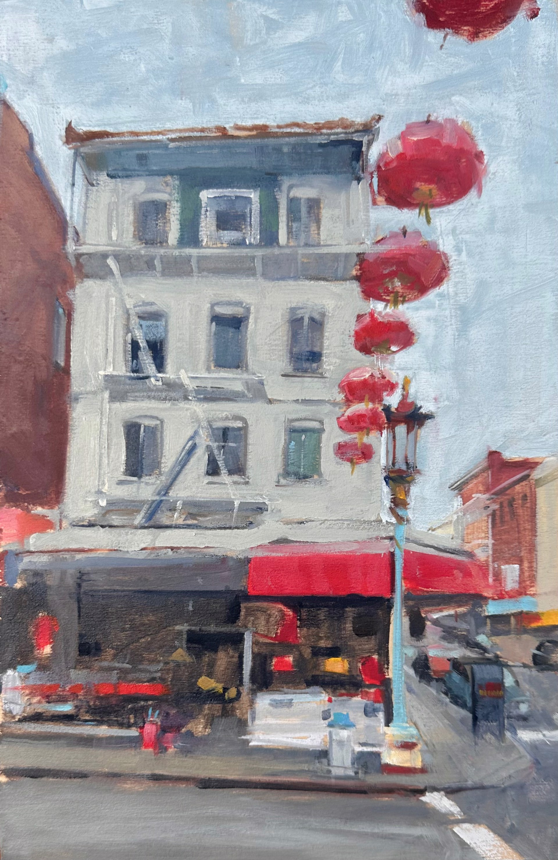 A painting of a building with red lanterns hanging from it.