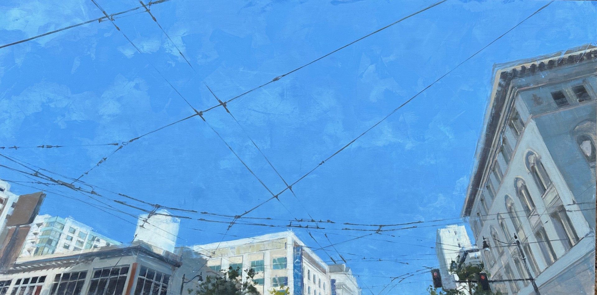 A painting of a city street with power lines in the sky.