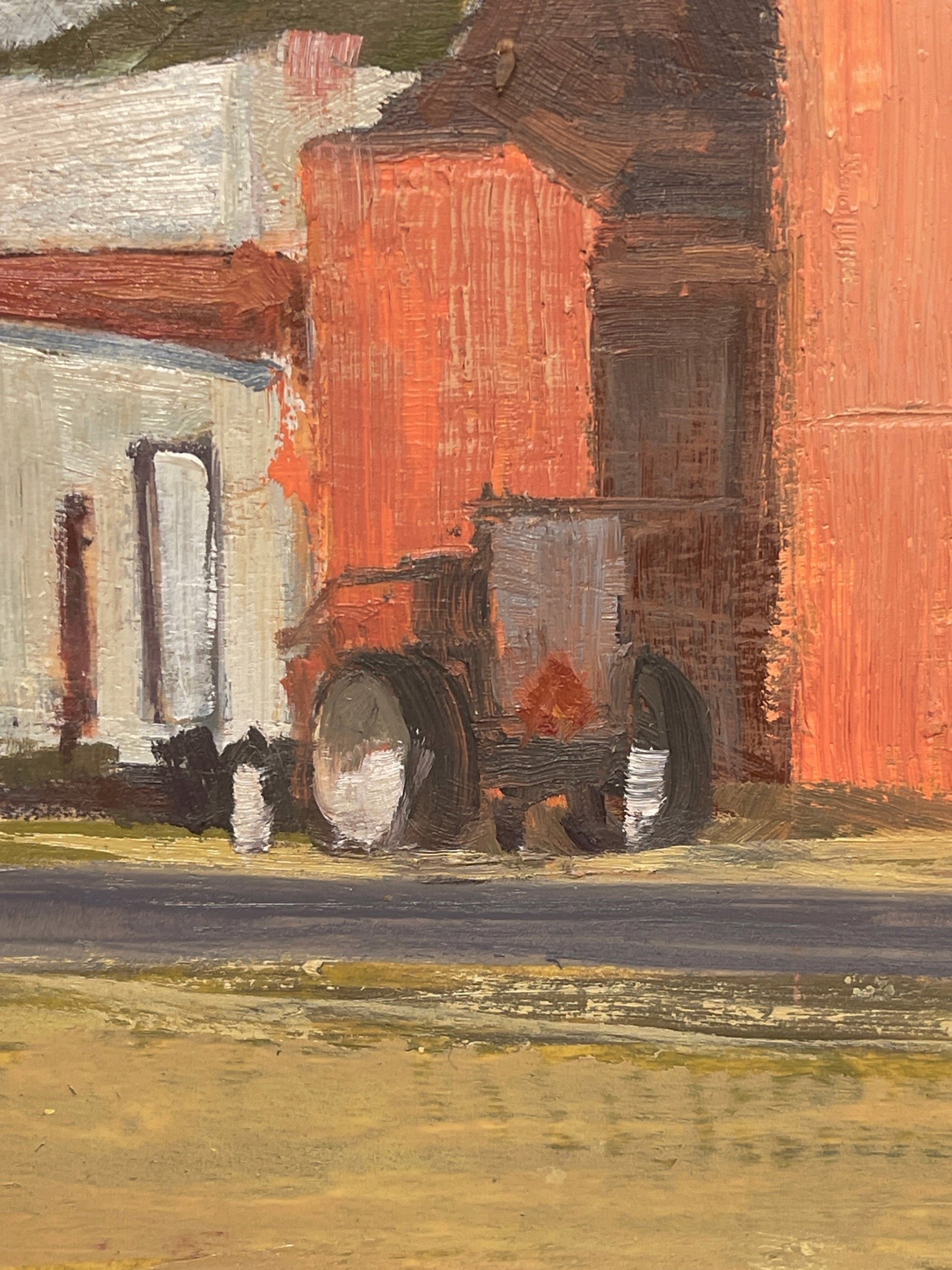 A painting of a water tower in the middle of a field.