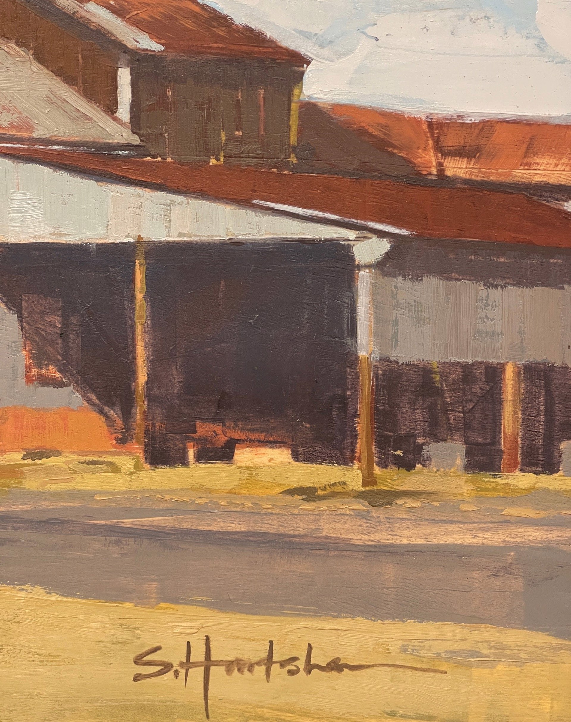 A painting of a water tower in the middle of a field.