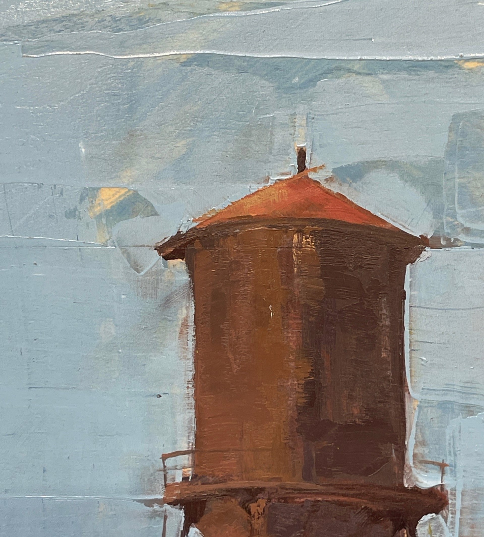 A painting of a water tower in the middle of a field.
