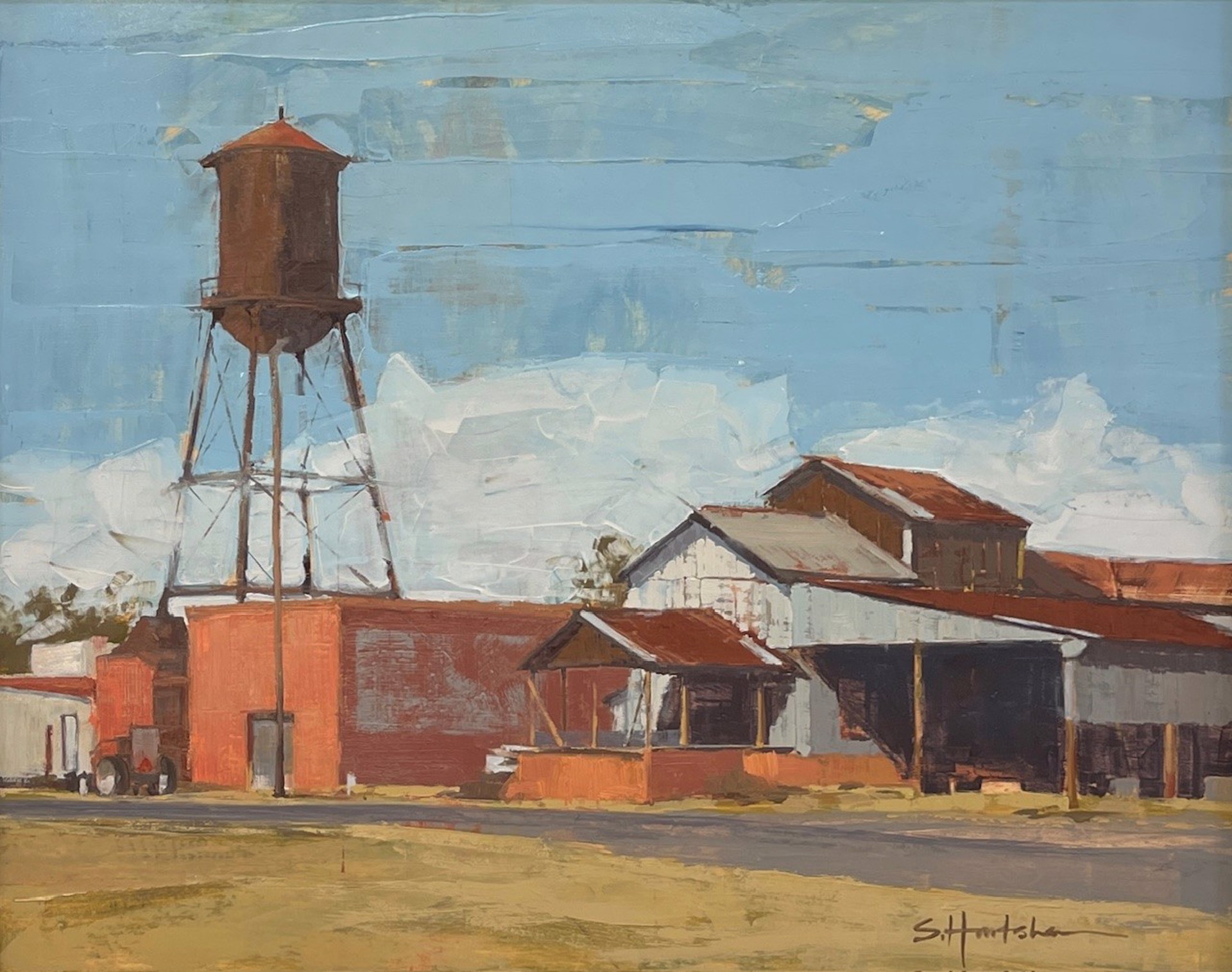 A painting of a water tower in the middle of a field.