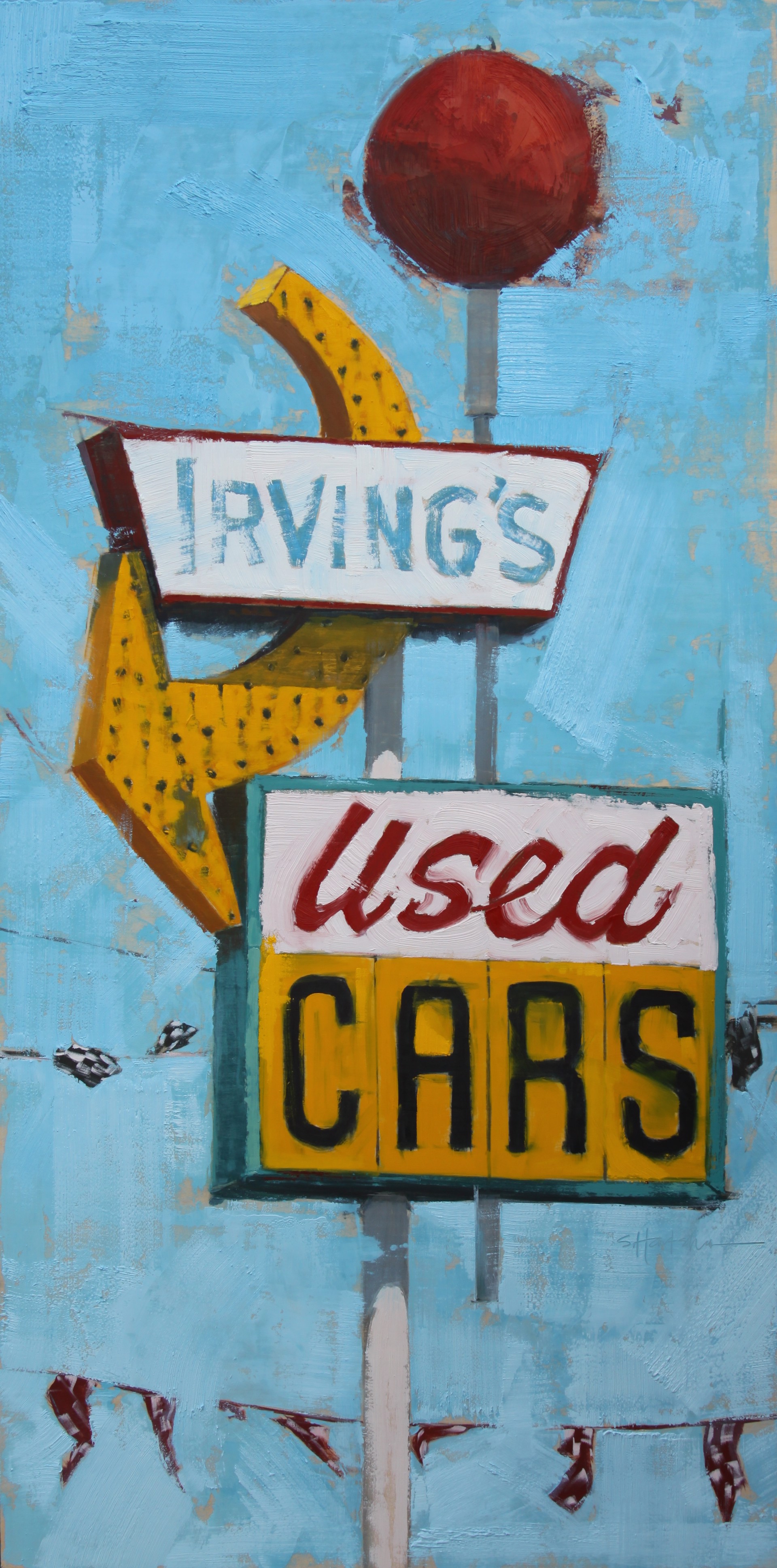 A retro-style vertical sign for a used car dealership featuring bold colors and a textured background.