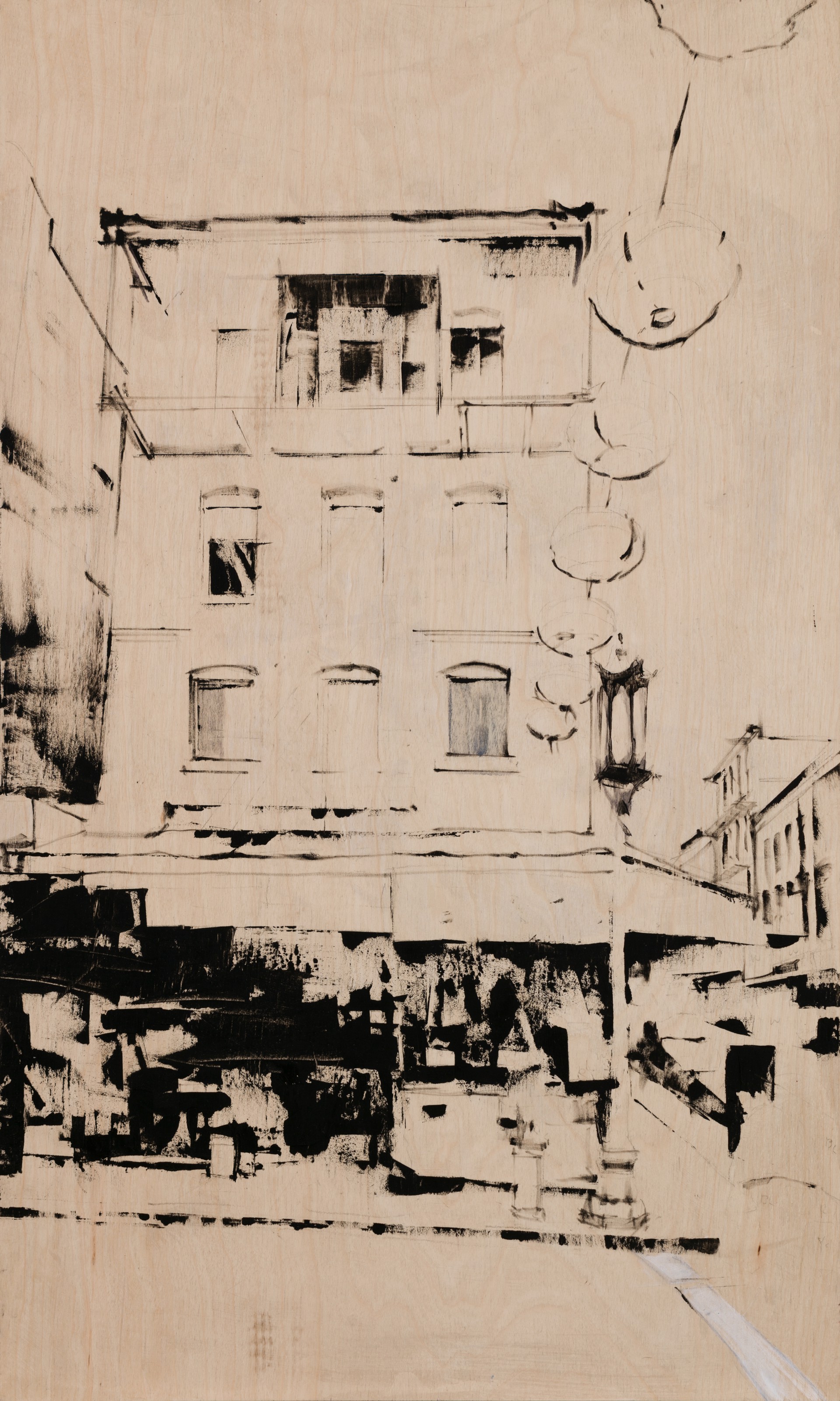 A monochromatic sketch of a street corner with a multi-story building and hanging lanterns.