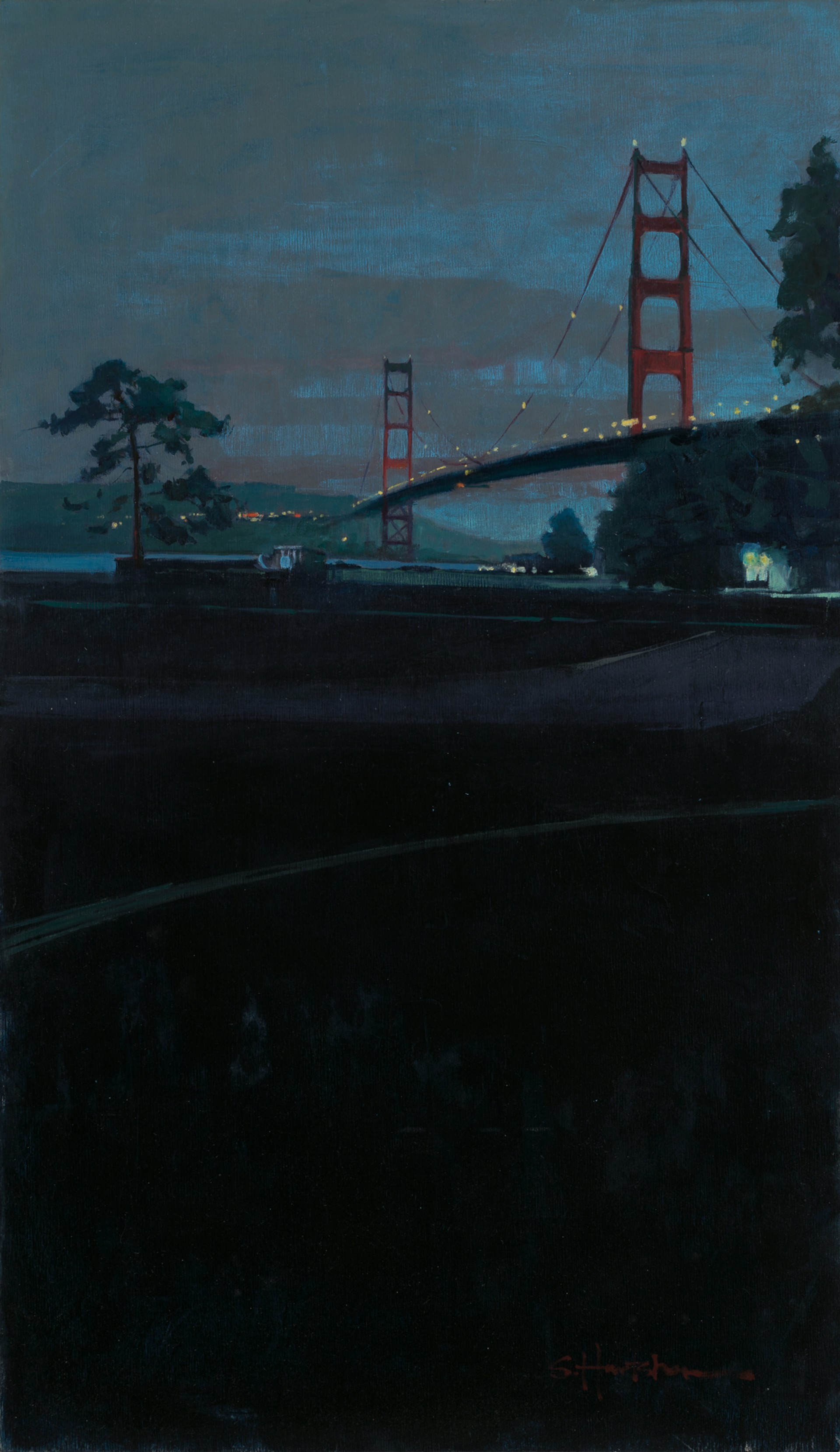 A moody nocturnal landscape featuring a towering suspension bridge against a twilight sky.
