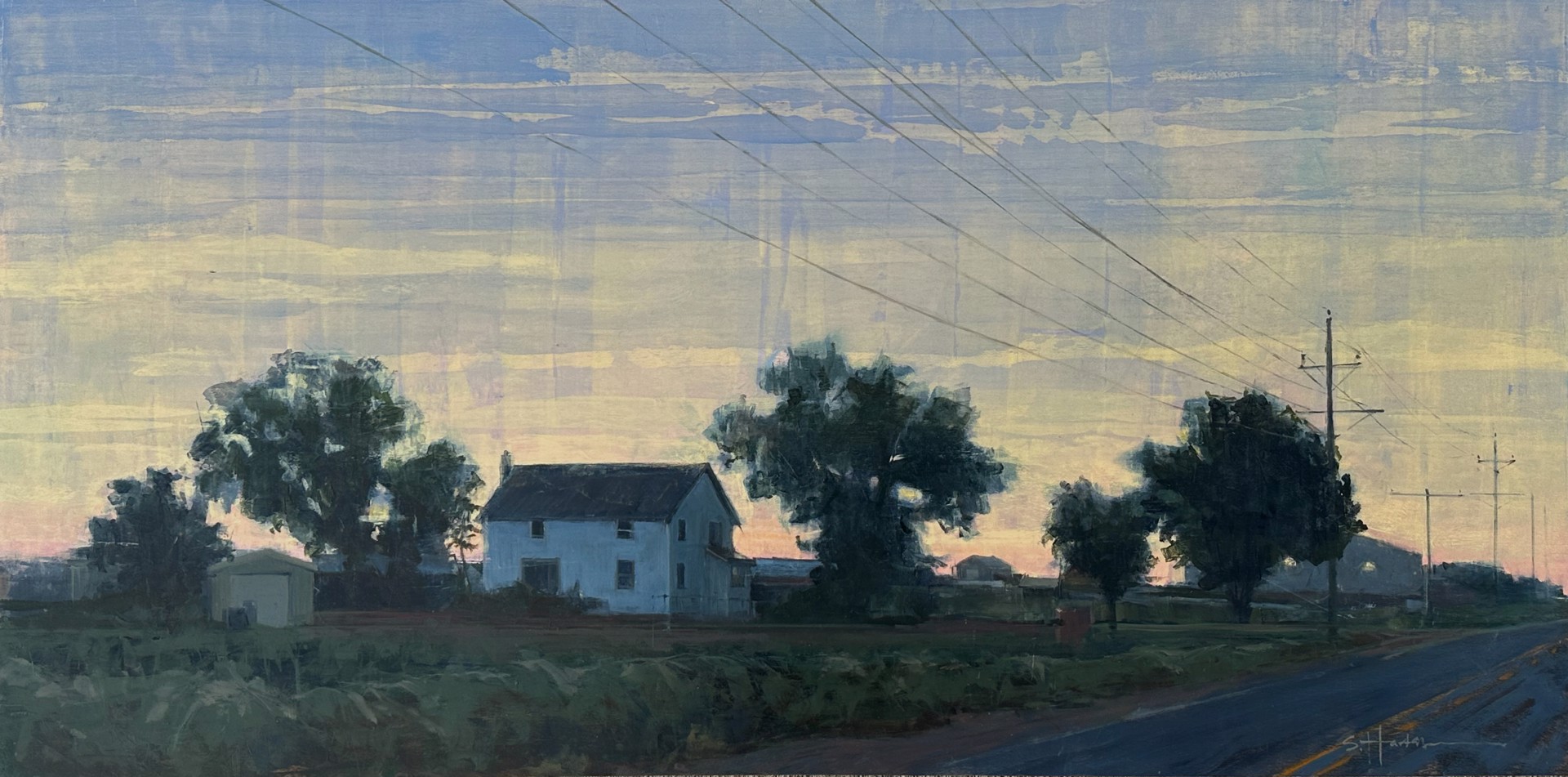 A painting of a rural landscape with a house in the distance.