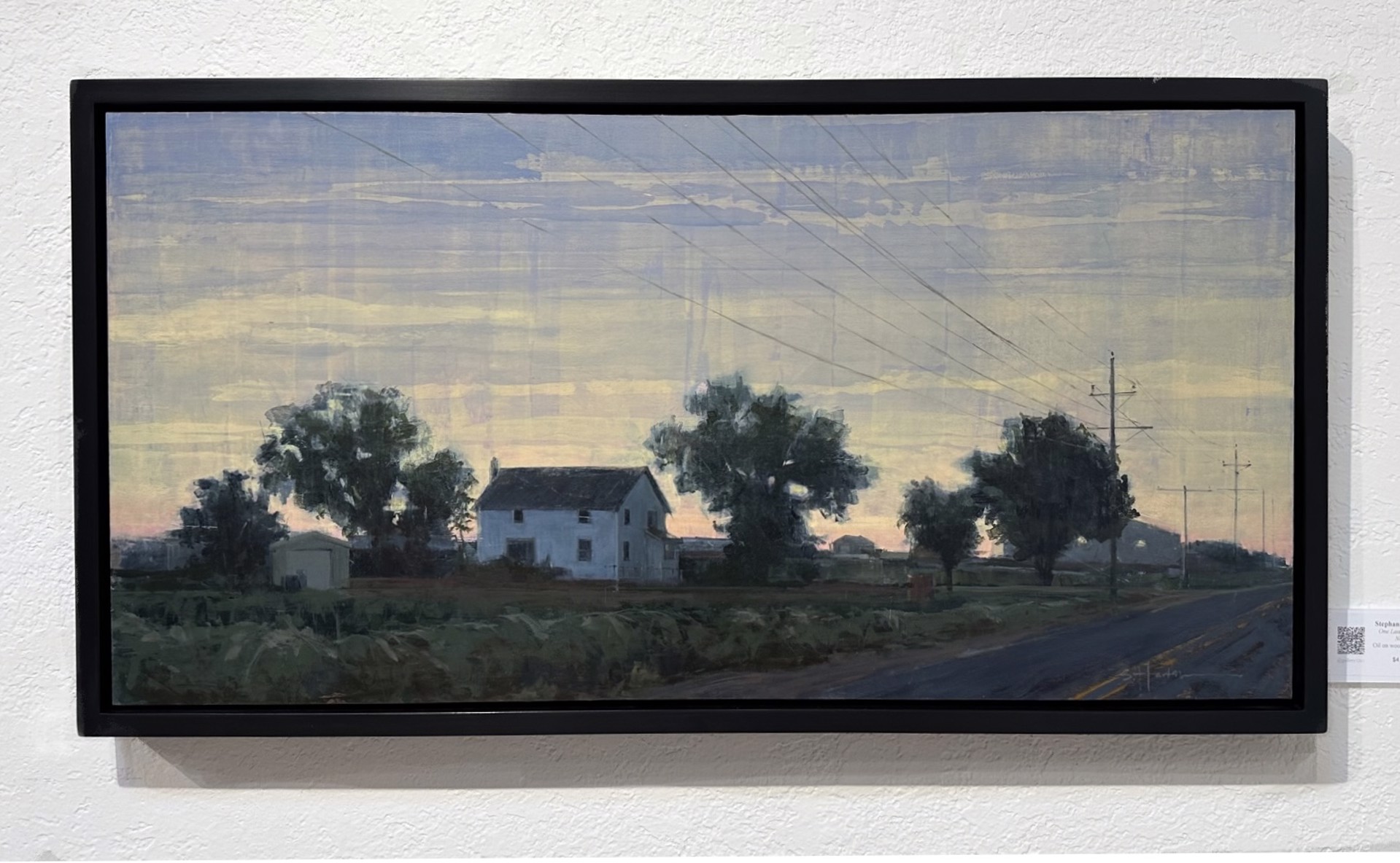 A painting of a rural landscape with a house in the distance.