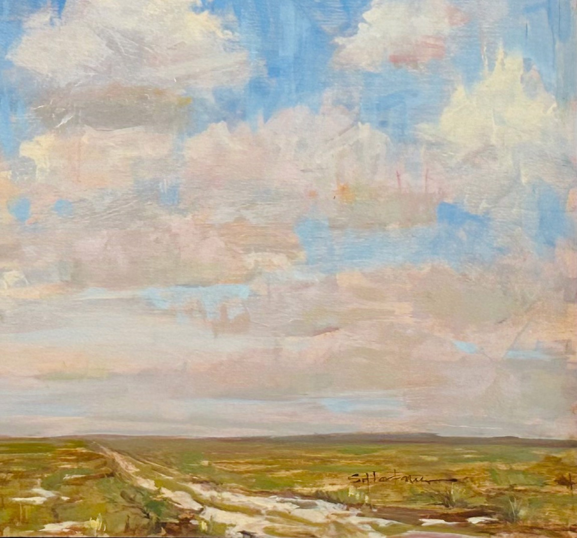 A painting of a field with a windmill in the distance.