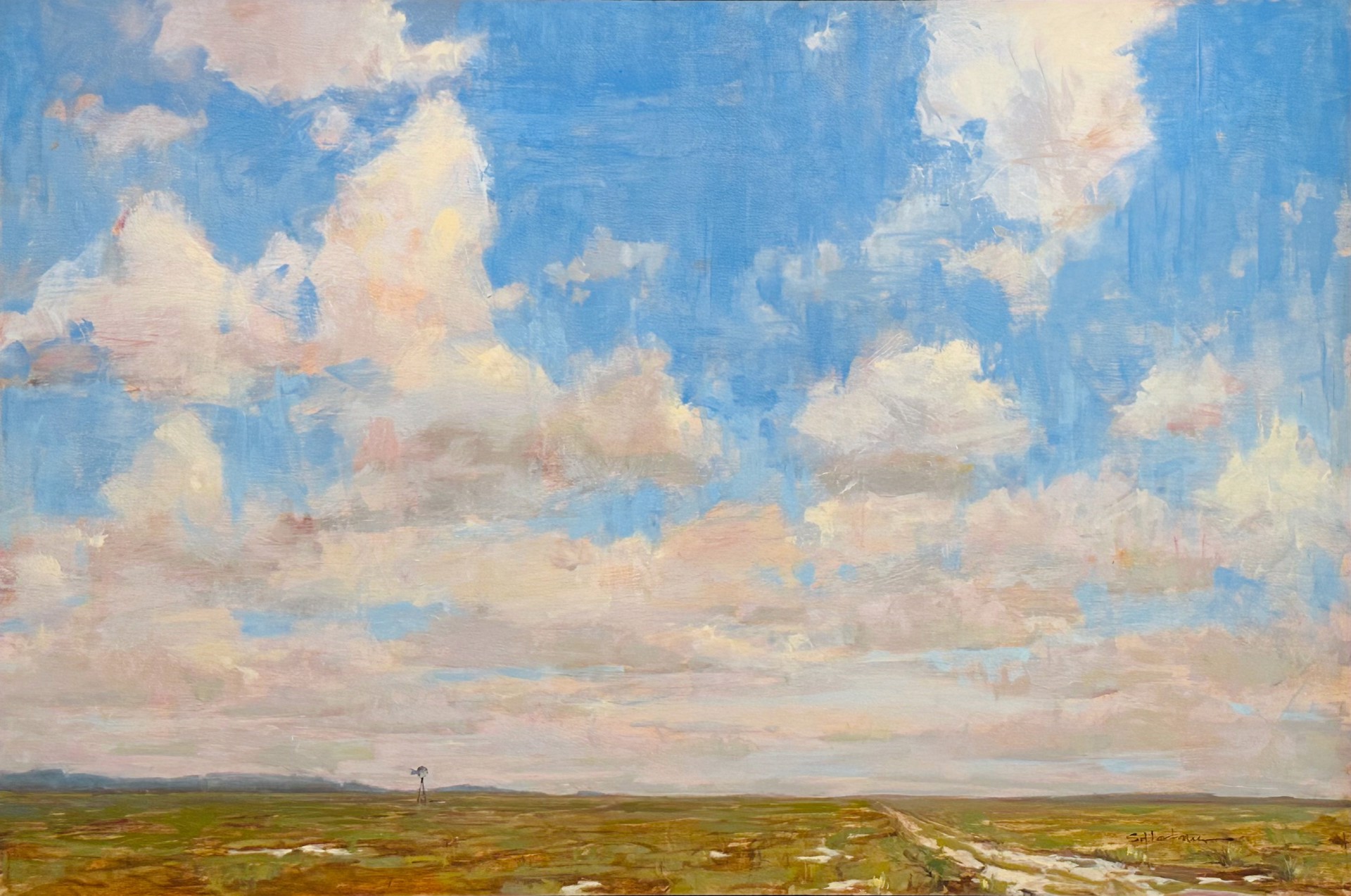 A painting of a field with a windmill in the distance.