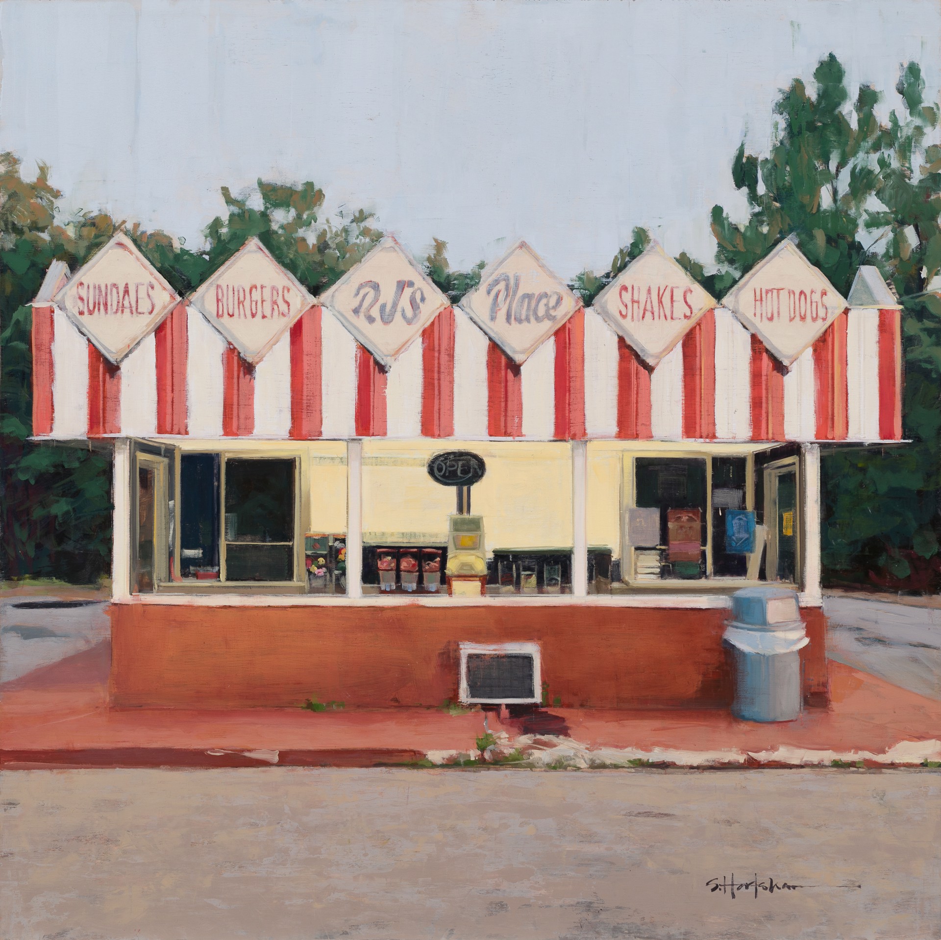 A nostalgic roadside diner scene rendered in a soft, painterly style.