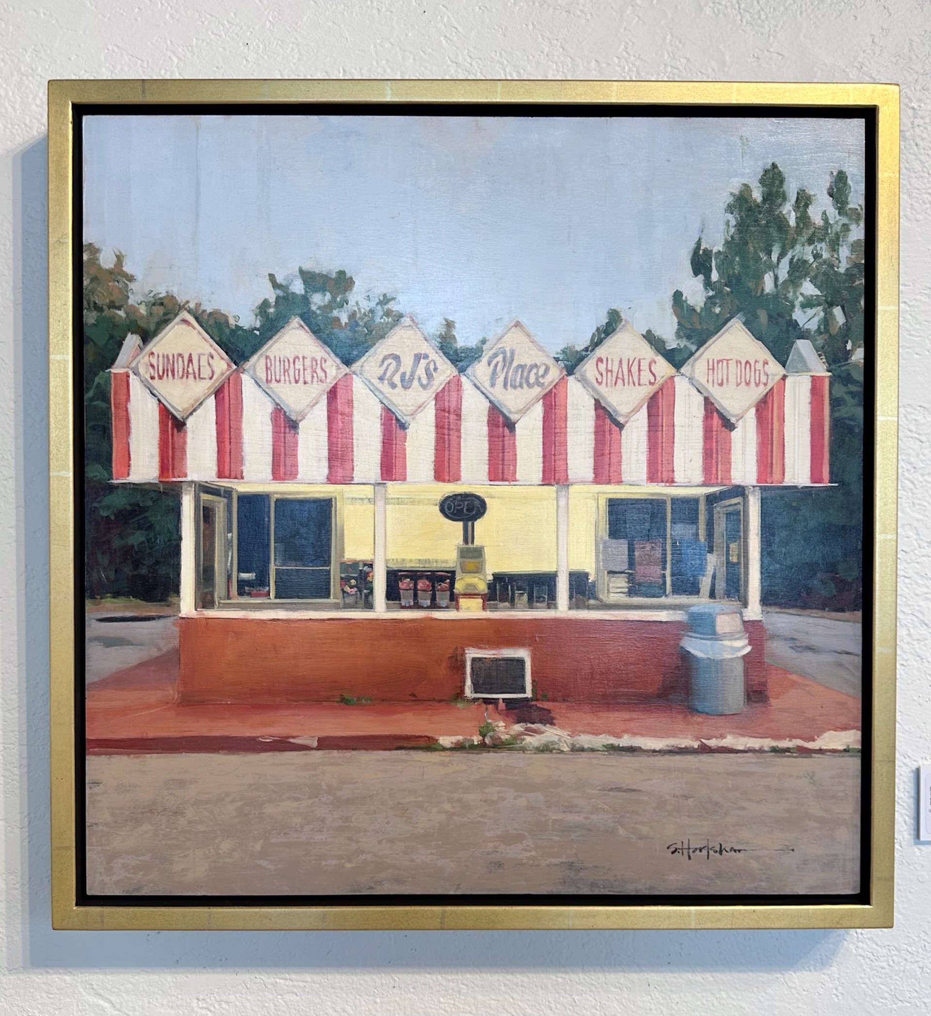 A nostalgic roadside diner scene rendered in a soft, painterly style.
