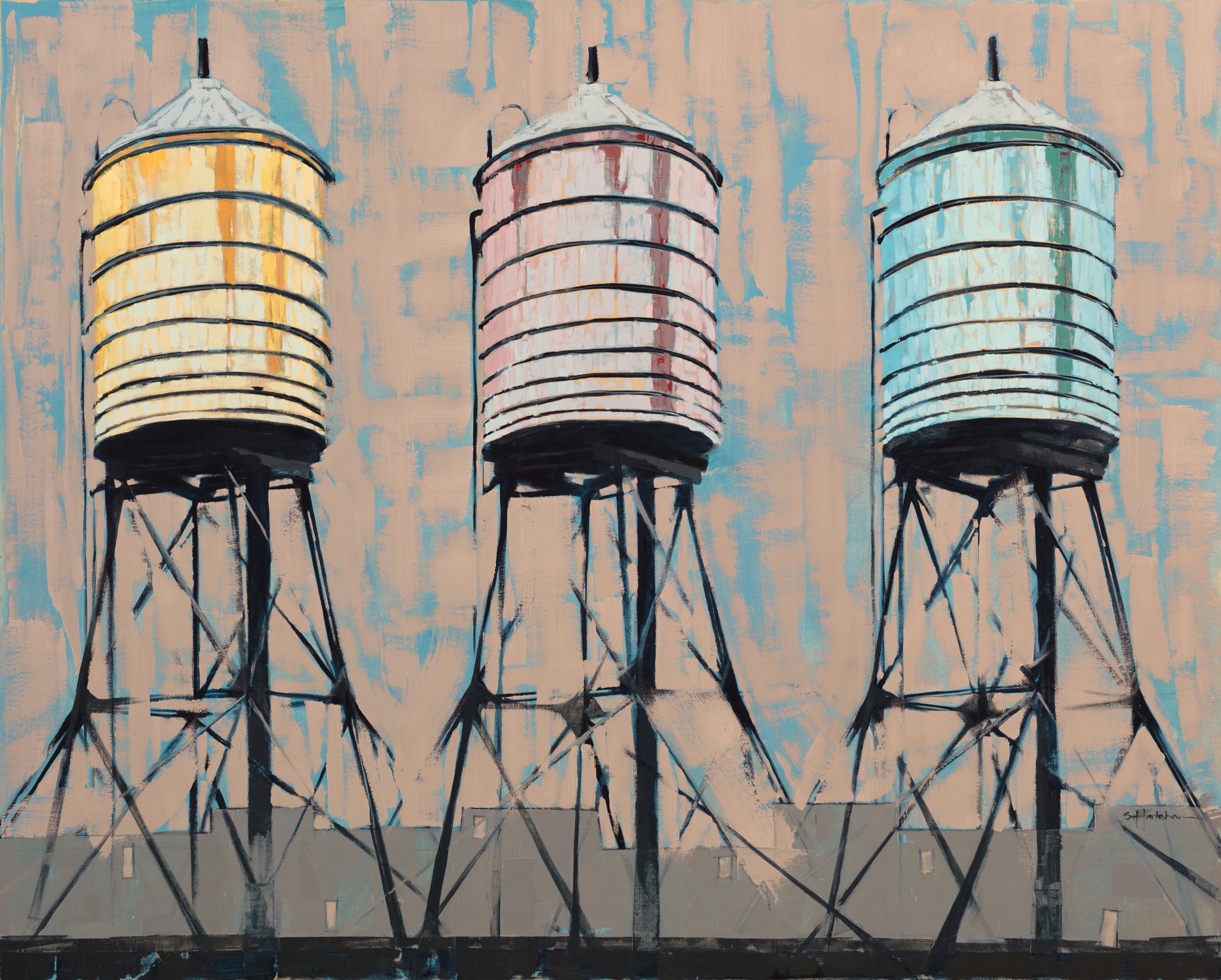 A painting of three water towers on a pink background.