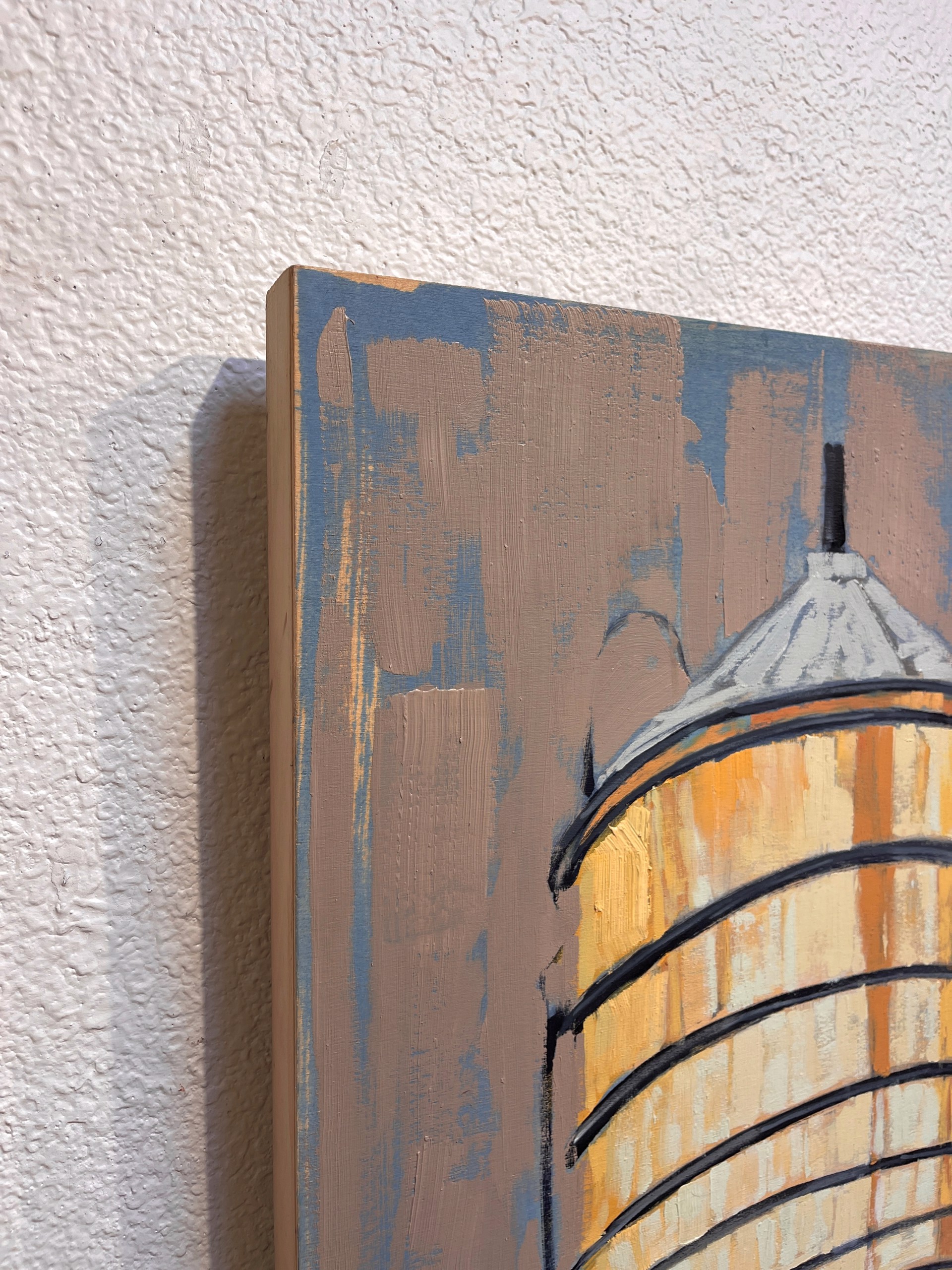 A painting of three water towers on a pink background.
