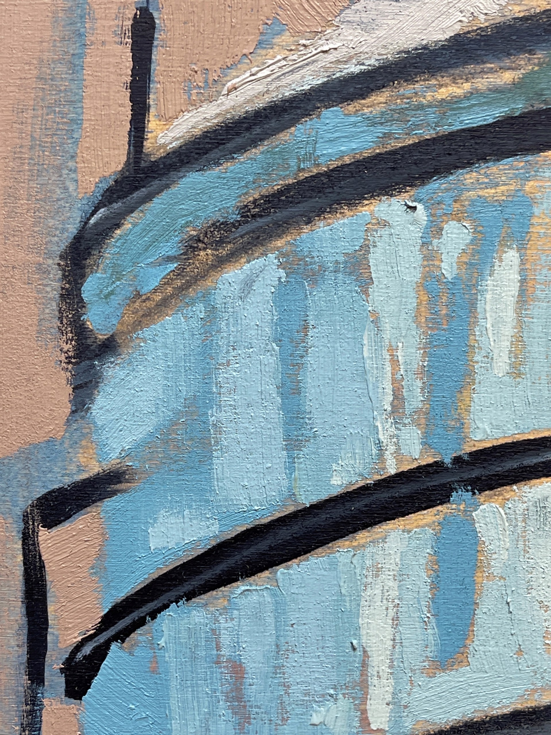 A painting of three water towers on a pink background.