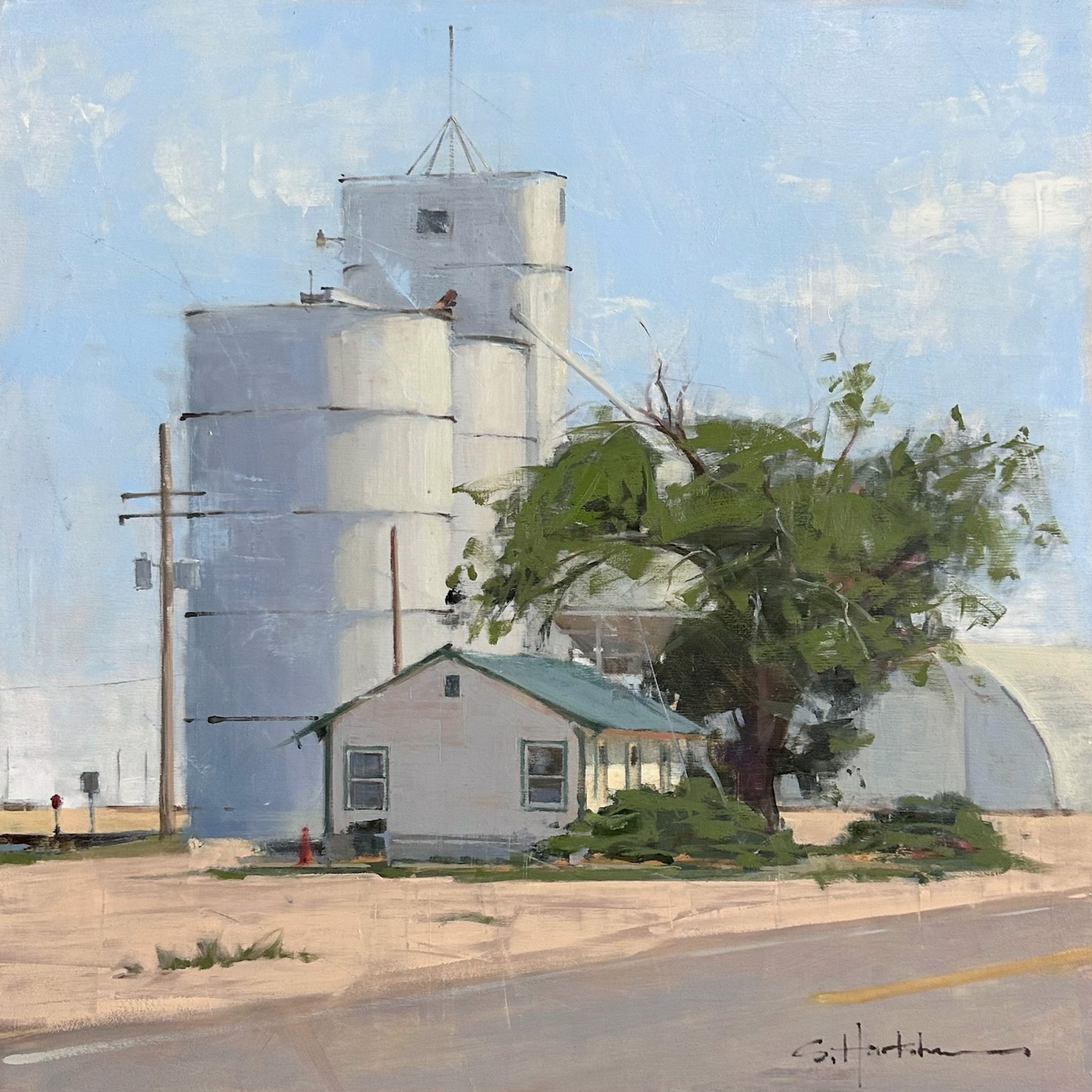 A painting of two white silos on the side of a road.